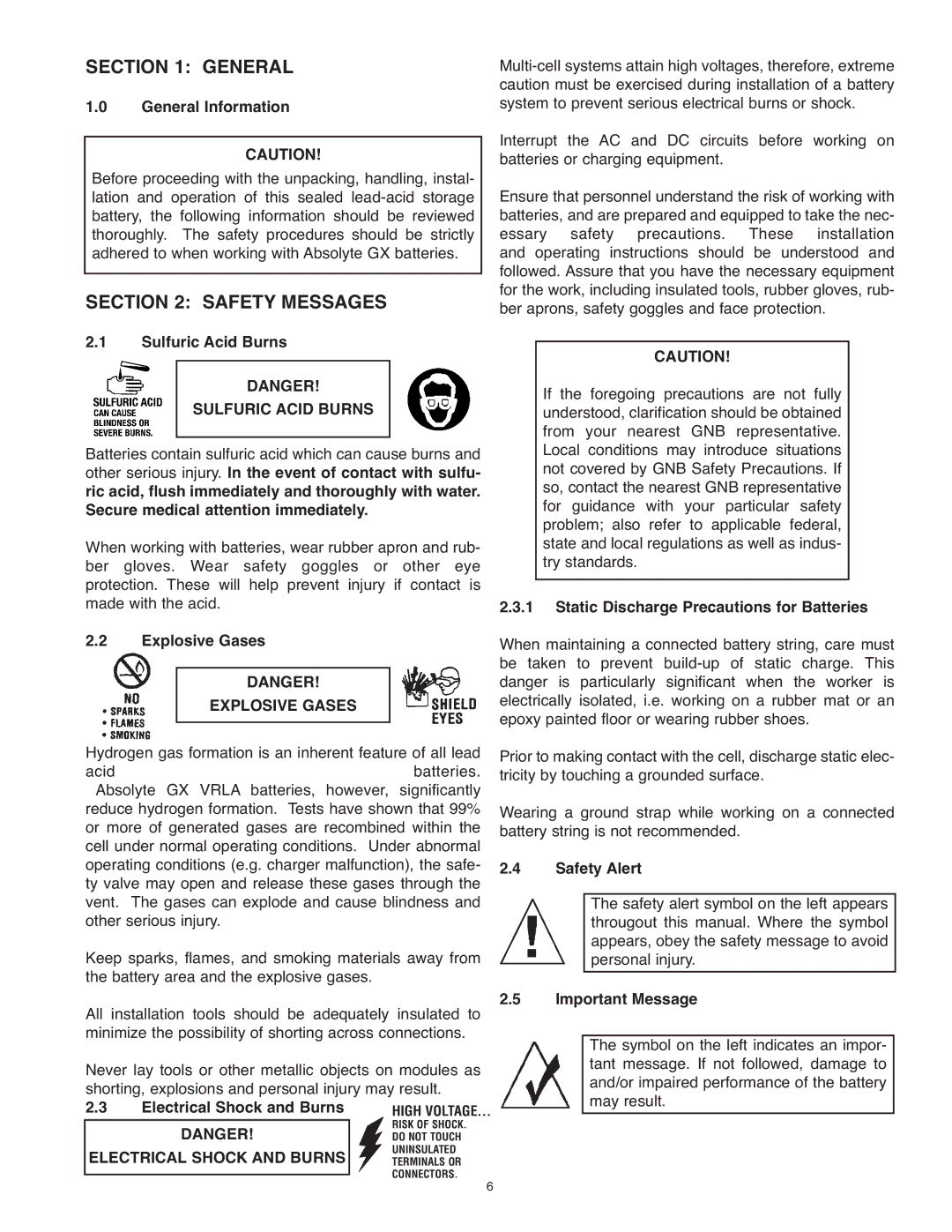 Exide PAR20 manual General, Safety Messages, Sulfuric Acid Burns, Explosive Gases, Electrical Shock and Burns 