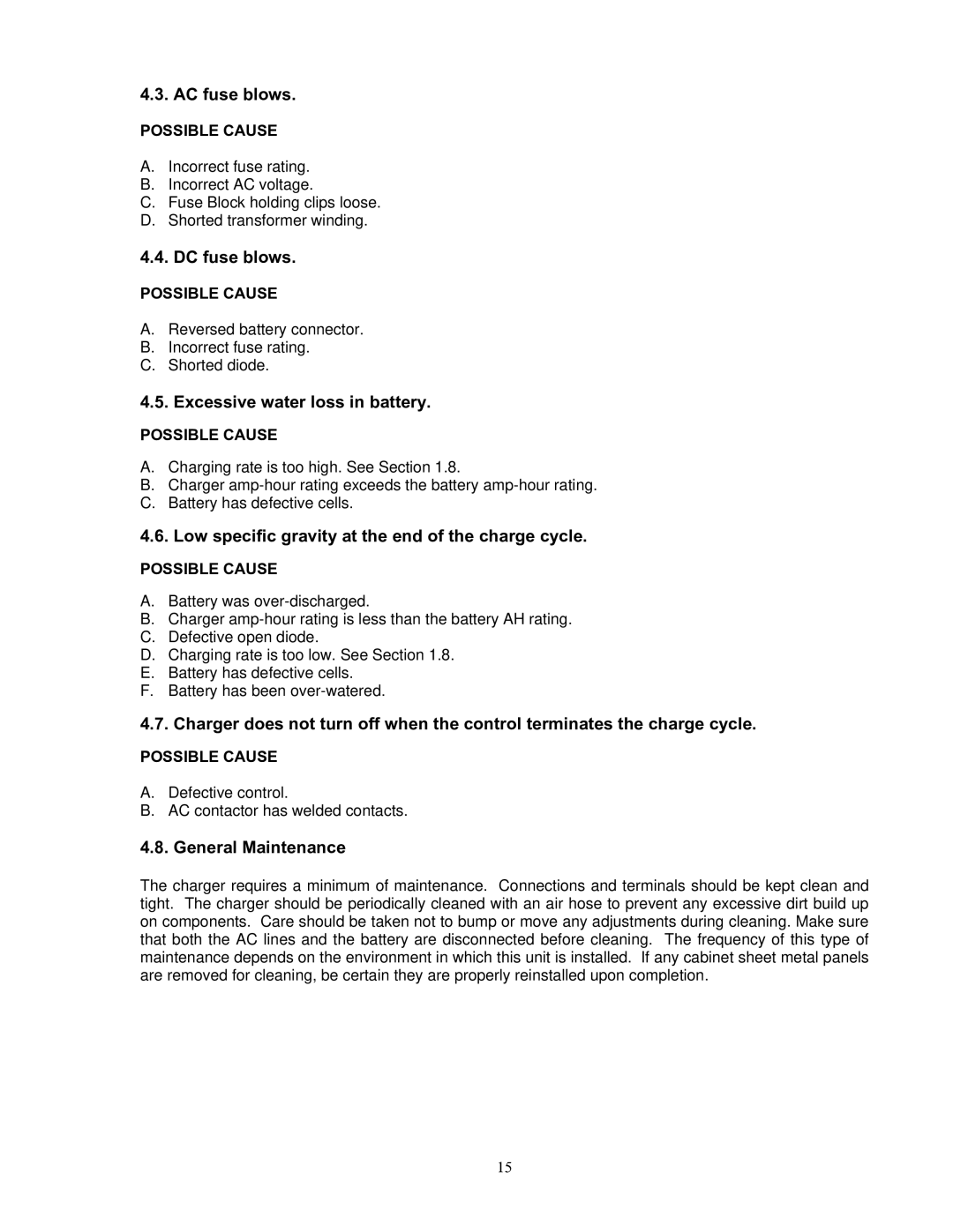 Exide S47-0079 manual AC fuse blows, DC fuse blows, Excessive water loss in battery, General Maintenance 