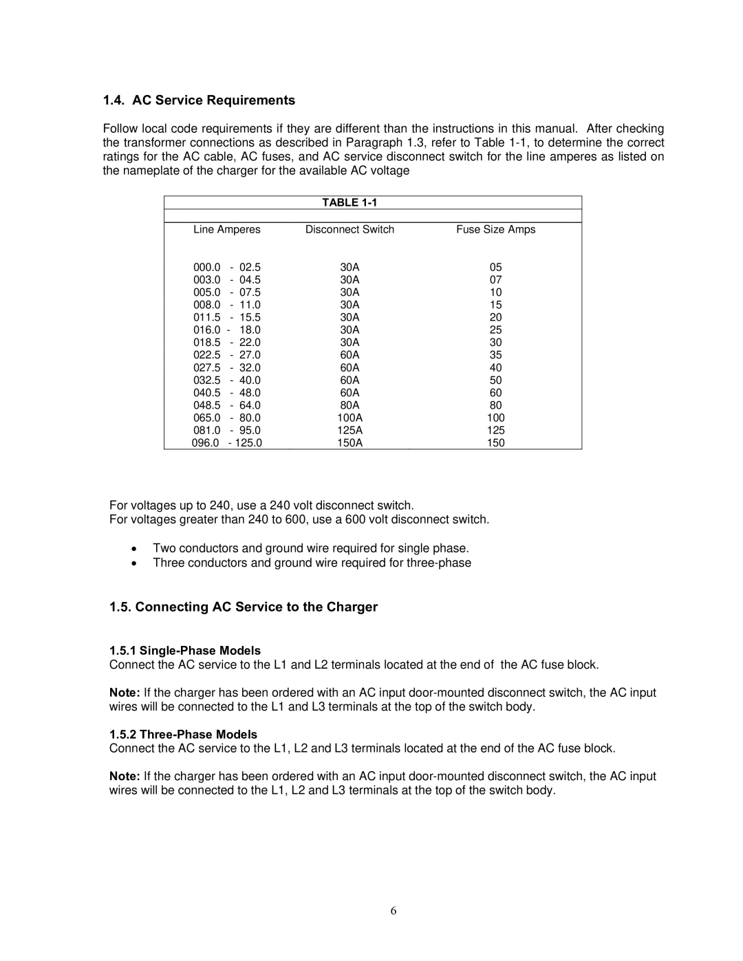 Exide S47-0079 manual AC Service Requirements, Connecting AC Service to the Charger 