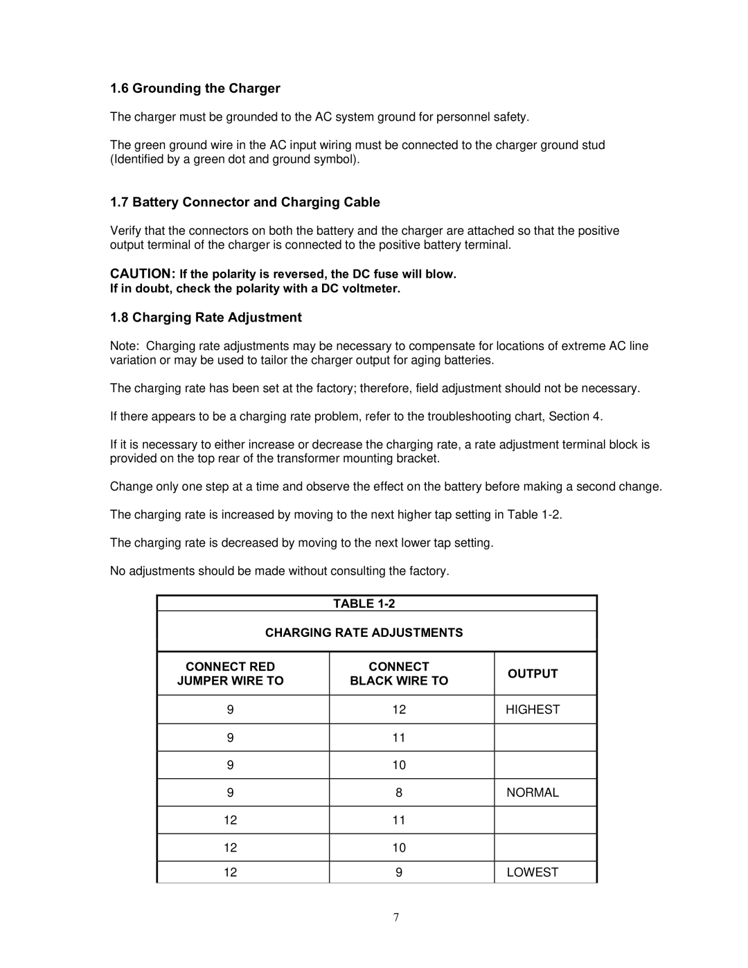 Exide S47-0079 manual Grounding the Charger, Battery Connector and Charging Cable, Charging Rate Adjustment 