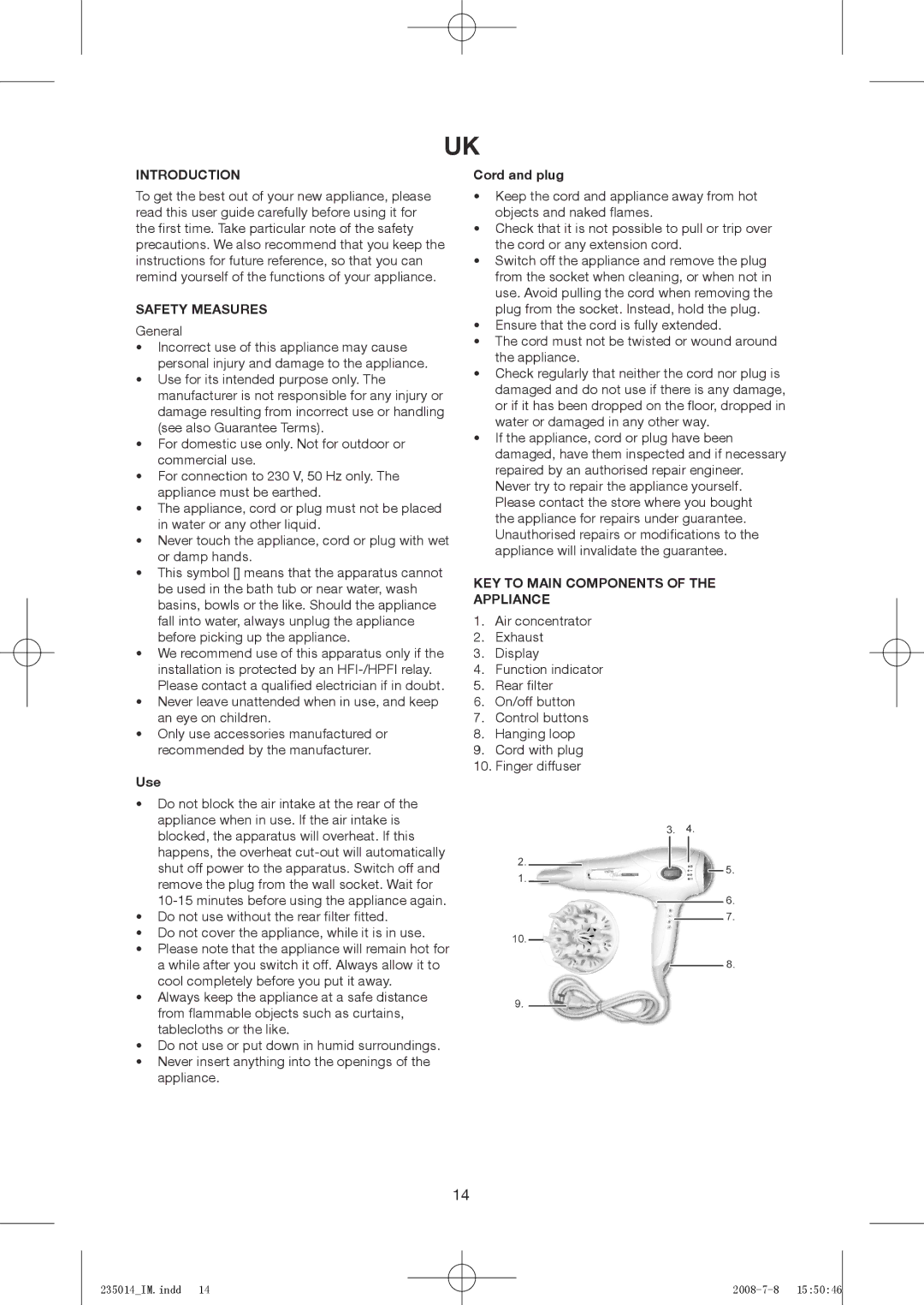 Exido 235-014 manual Introduction, Safety Measures, Use, Cord and plug, KEY to Main Components of the Appliance 