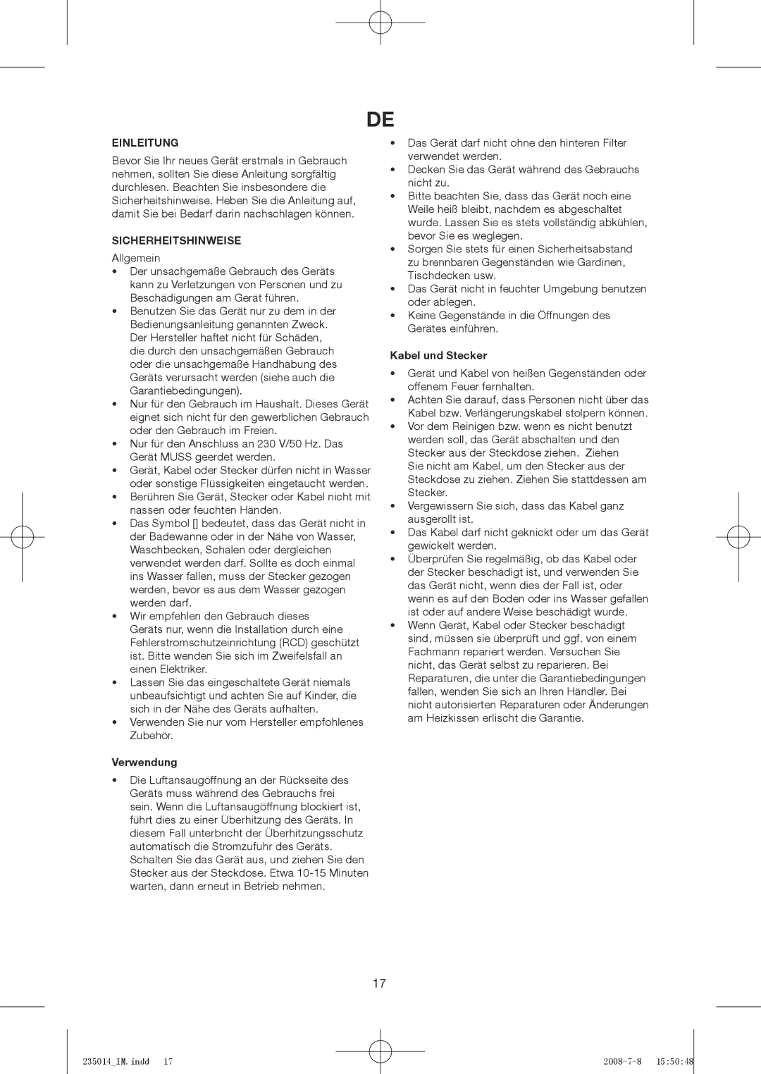 Exido 235-014 manual Einleitung, Sicherheitshinweise, Verwendung, Kabel und Stecker 