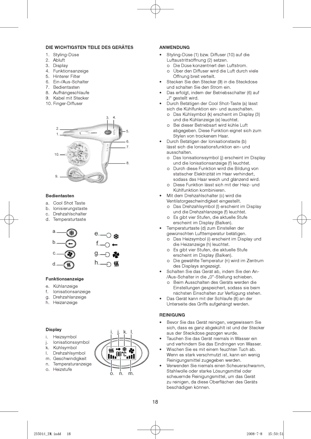 Exido 235-014 manual DIE Wichtigsten Teile DES Gerätes, Bedientasten, Funktionsanzeige, Anwendung, Reinigung 