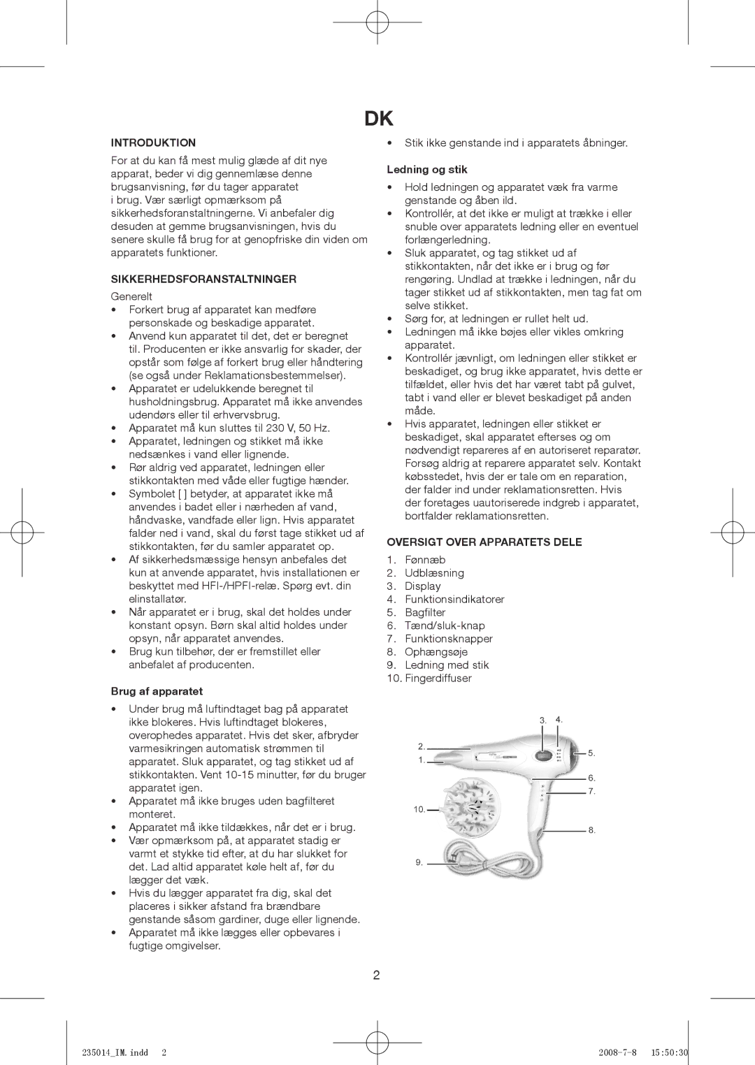 Exido 235-014 Introduktion, Sikkerhedsforanstaltninger, Brug af apparatet, Ledning og stik, Oversigt Over Apparatets Dele 