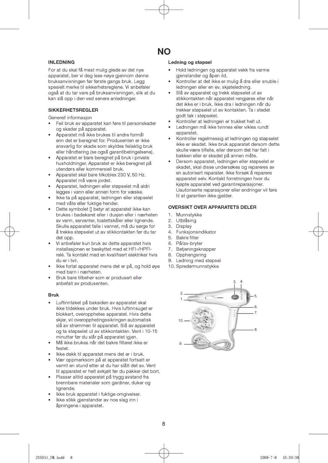 Exido 235-014 manual Inledning, Sikkerhetsregler, Bruk, Ledning og støpsel, Oversikt Over Apparatets Deler 