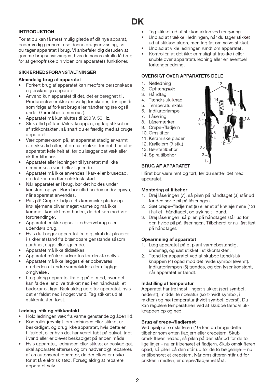 Exido 235-020 manual Introduktion, Sikkerhedsforanstaltninger, Oversigt Over Apparatets Dele, Brug AF Apparatet 