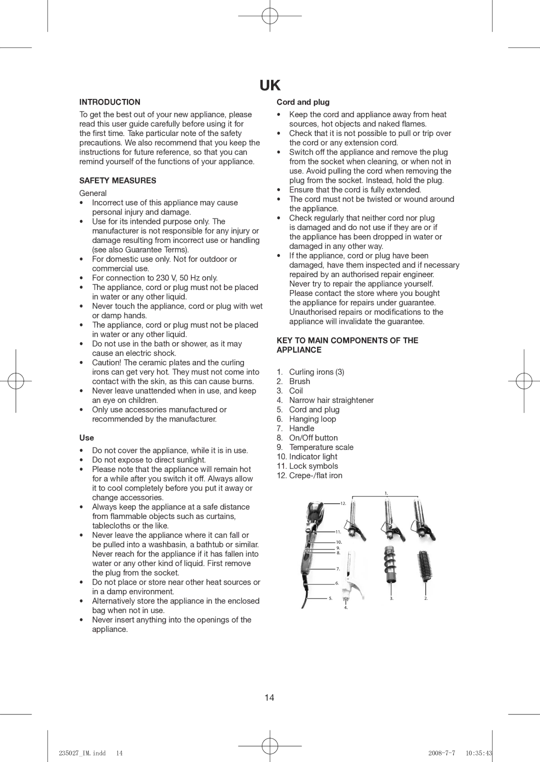 Exido 235-027 manual Introduction, Safety Measures, Use, Cord and plug, KEY to Main Components of the Appliance 