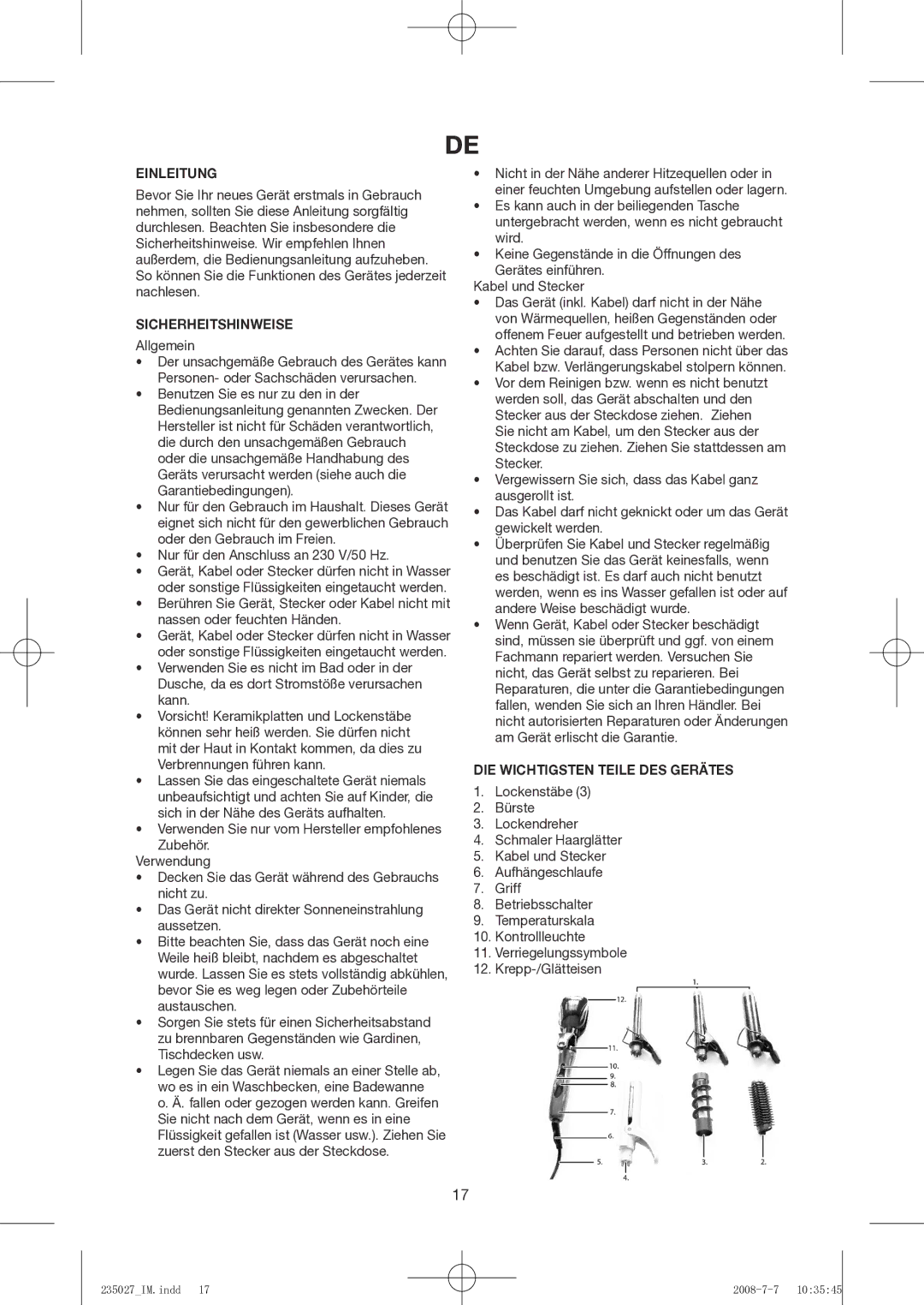 Exido 235-027 manual Einleitung, Sicherheitshinweise, DIE Wichtigsten Teile DES Gerätes 