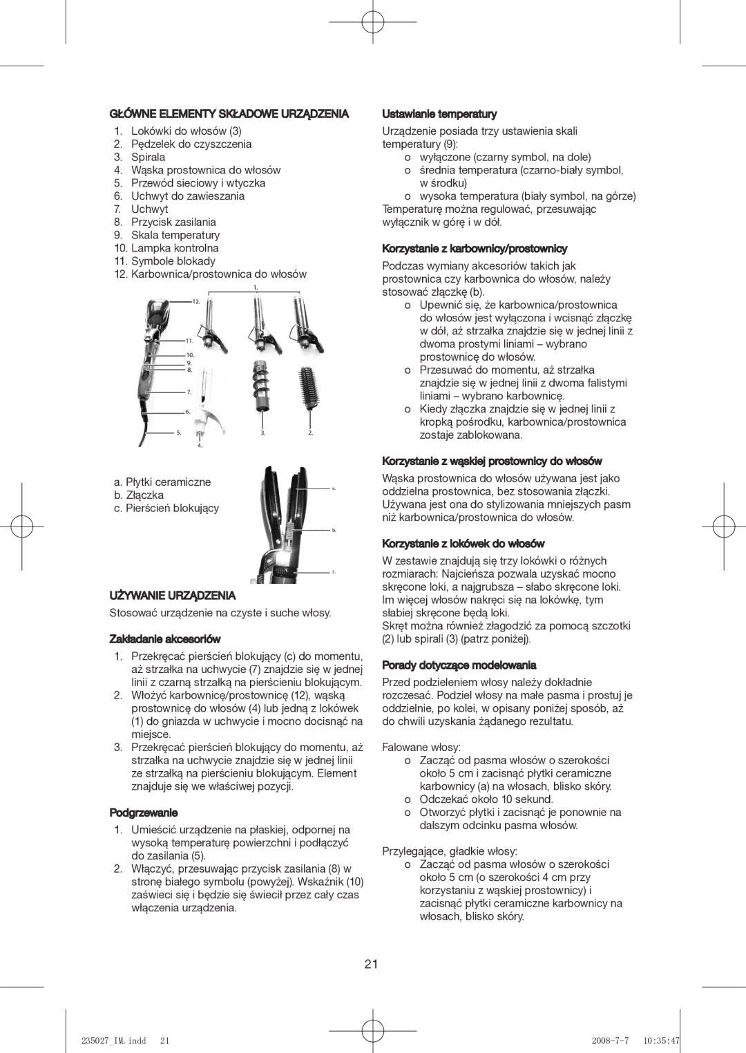 Exido 235-027 manual Główne Elementy Składowe Urządzenia, Używanie Urządzenia 