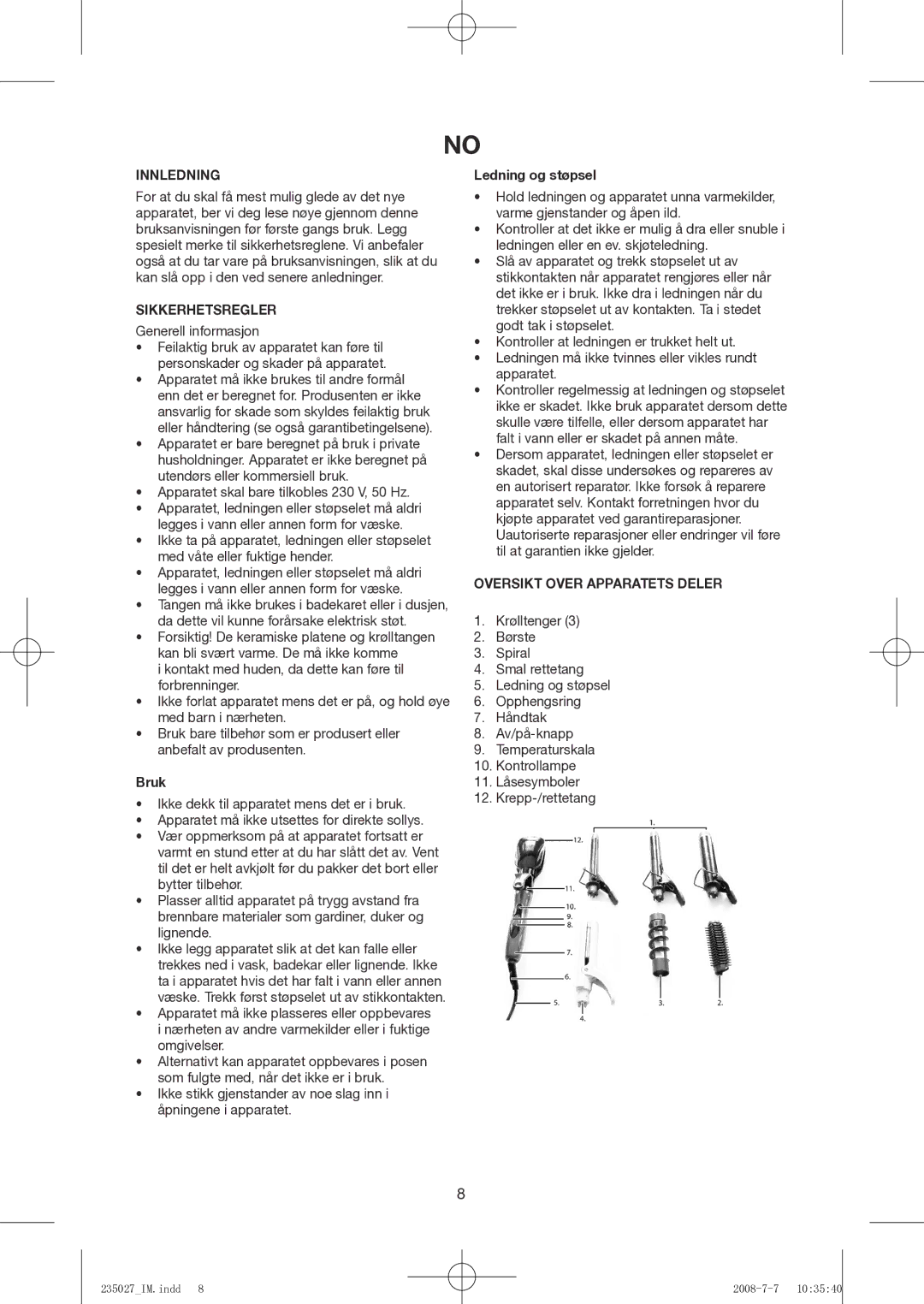 Exido 235-027 manual Innledning, Sikkerhetsregler, Bruk, Ledning og støpsel, Oversikt Over Apparatets Deler 