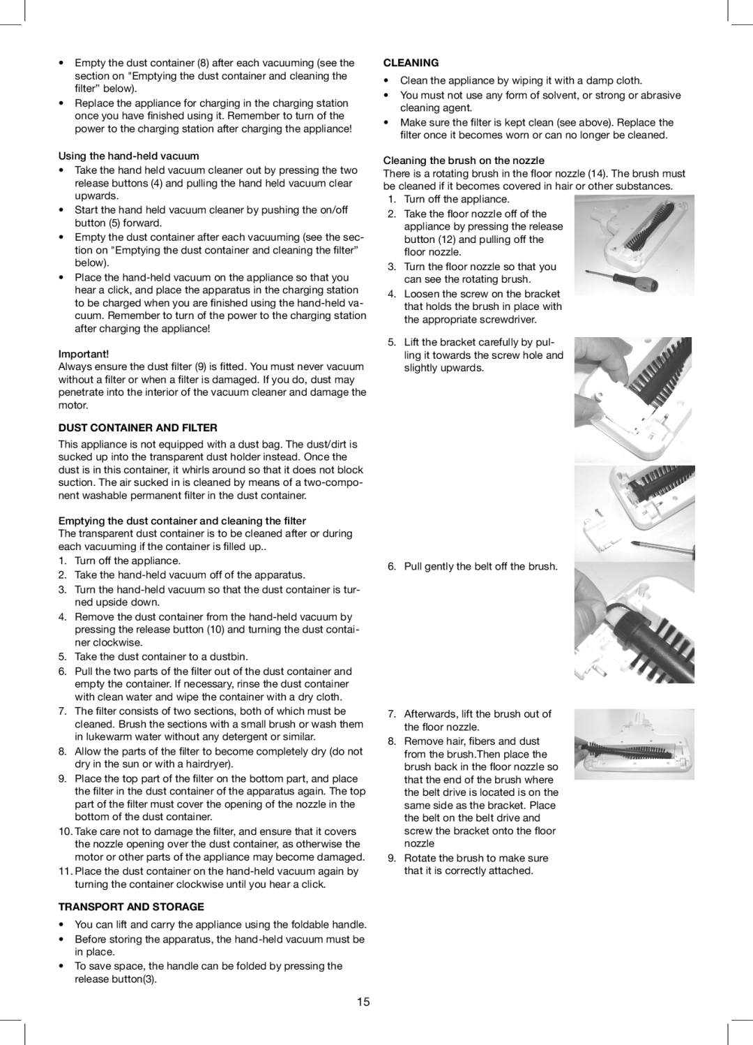 Exido 240-110 manual Dust Container and Filter, Transport and Storage, Cleaning the brush on the nozzle 