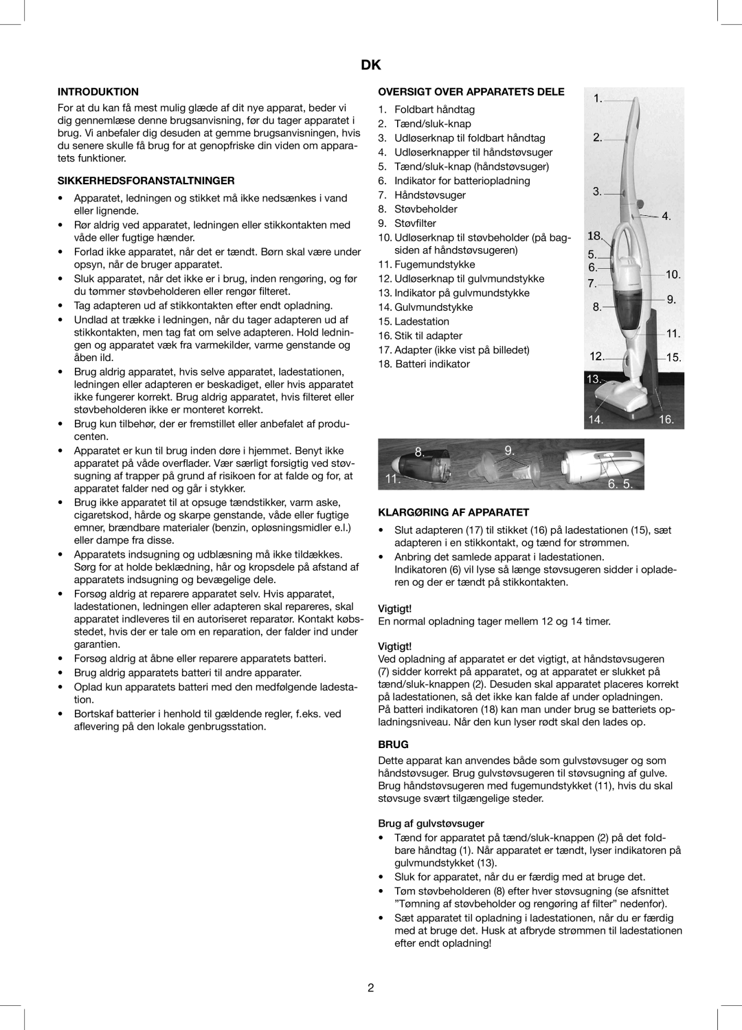 Exido 240-110 manual Introduktion, Sikkerhedsforanstaltninger, Oversigt Over Apparatets Dele, Klargøring AF Apparatet, Brug 