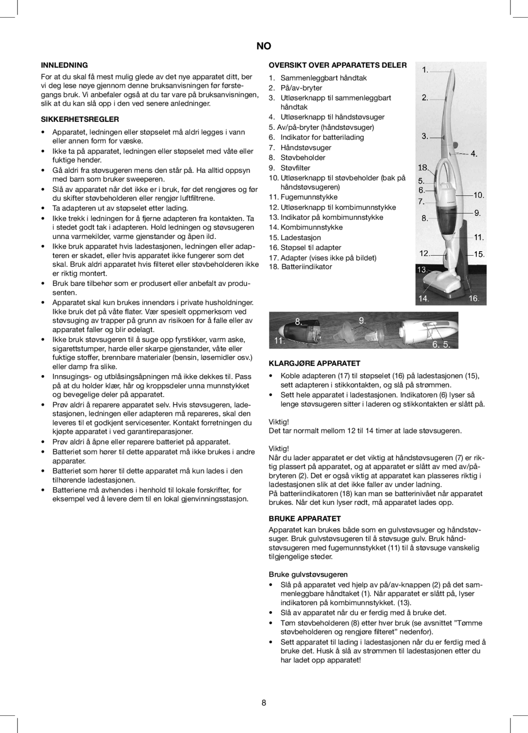 Exido 240-110 manual Innledning, Sikkerhetsregler, Oversikt Over Apparatets Deler, Klargjøre Apparatet, Bruke Apparatet 