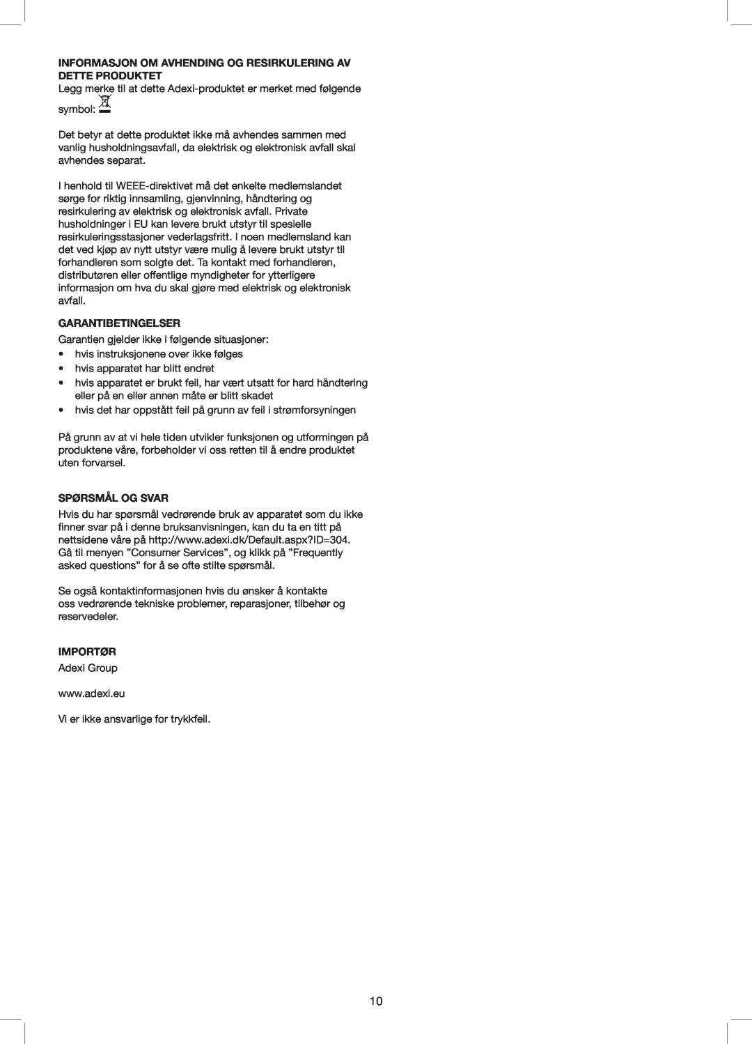 Exido 240-110 manual Garantibetingelser, Spørsmål Og Svar, Importør 
