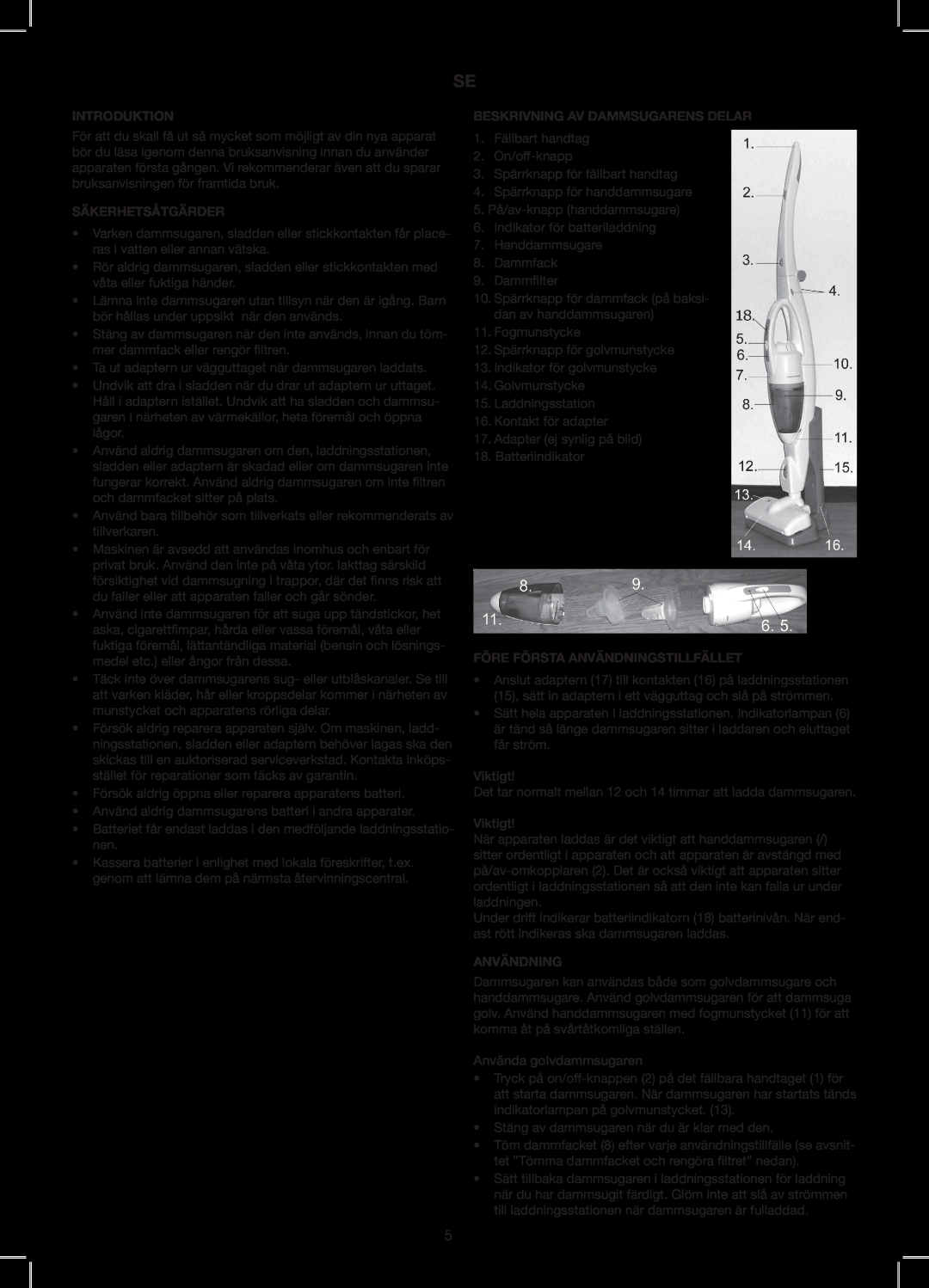 Exido 240-110 manual Säkerhetsåtgärder, Beskrivning Av Dammsugarens Delar, Före Första Användningstillfället, Introduktion 