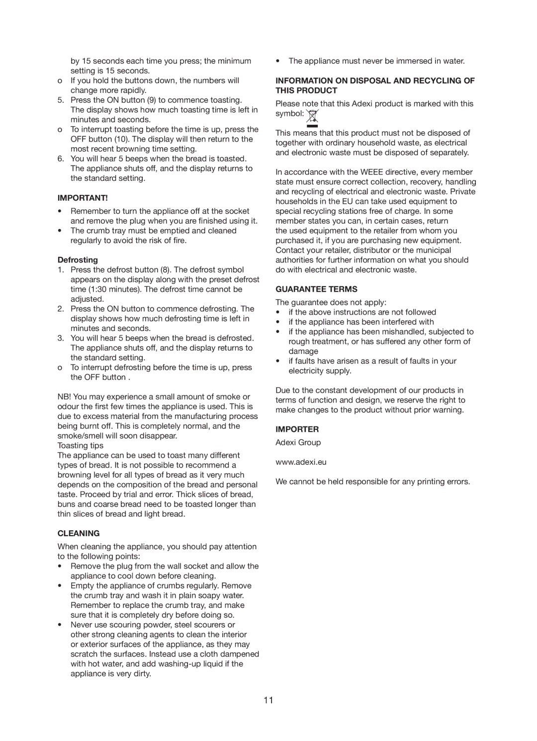 Exido 243-031 manual Defrosting, Cleaning, Information on Disposal and Recycling of this Product, Guarantee Terms, Importer 