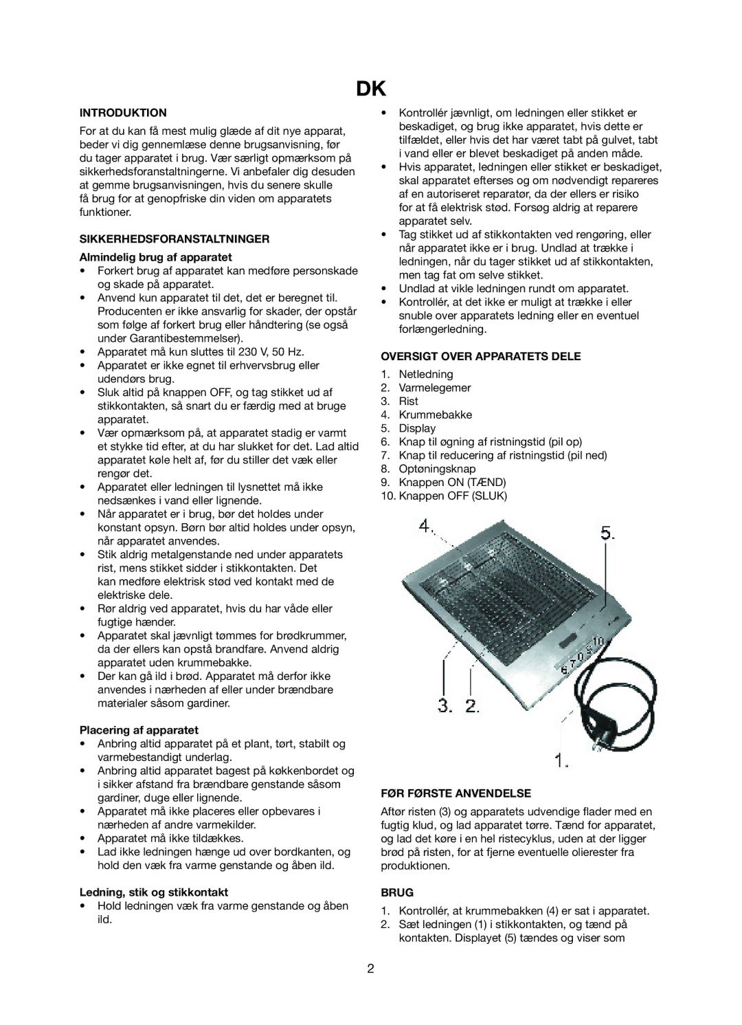 Exido 243-031 manual Introduktion, Sikkerhedsforanstaltninger, Oversigt Over Apparatets Dele, FØR Første Anvendelse, Brug 