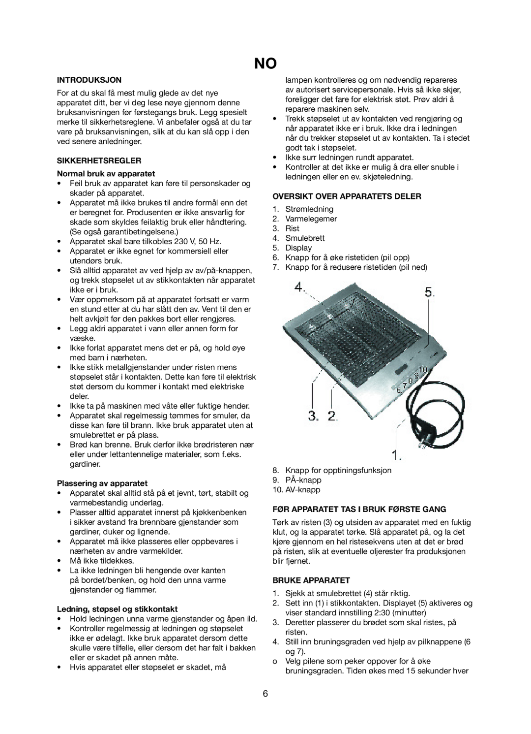 Exido 243-031 manual Introduksjon, Sikkerhetsregler, Oversikt Over Apparatets Deler, FØR Apparatet TAS I Bruk Første Gang 