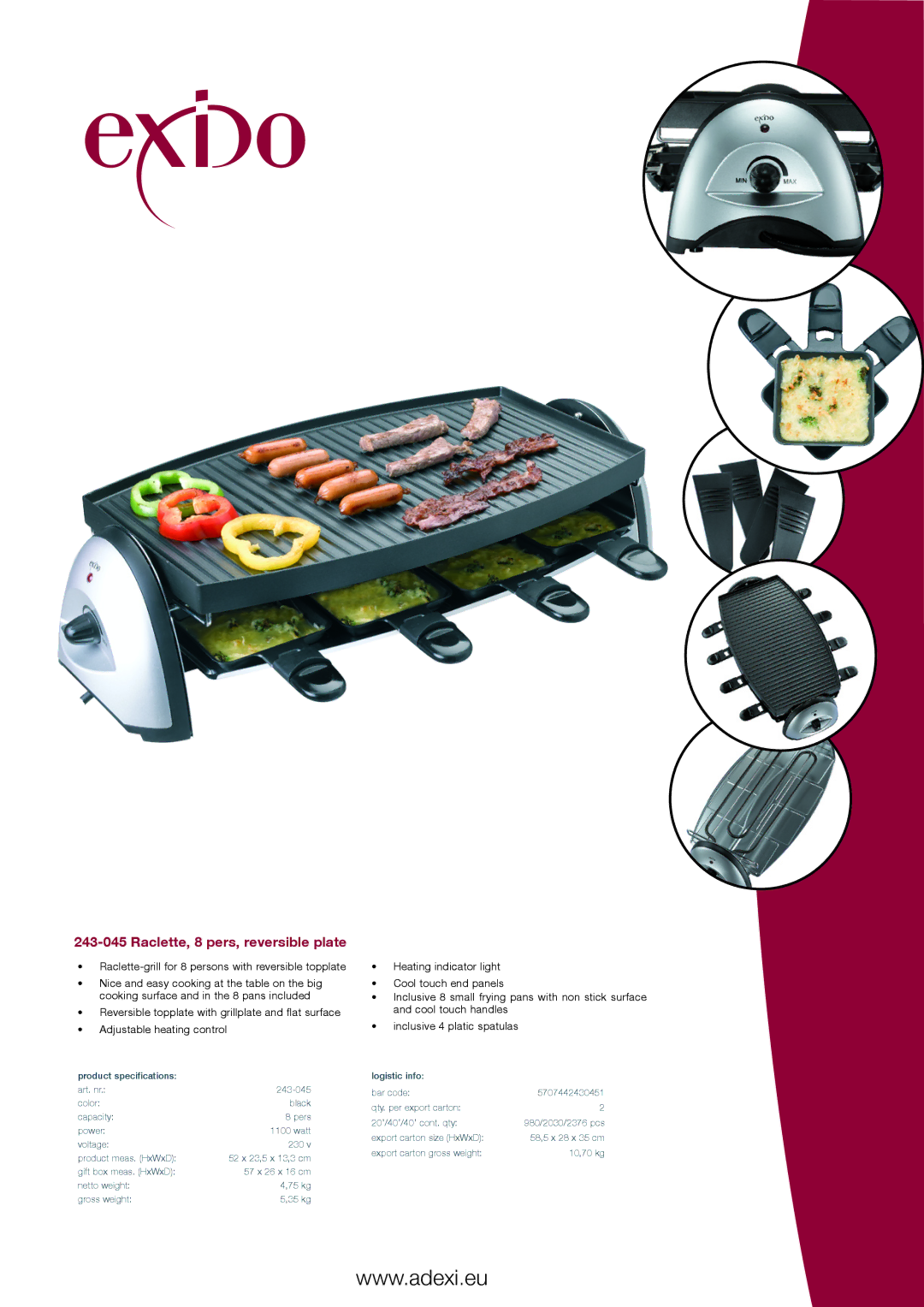 Exido 243-045 specifications Raclette, 8 pers, reversible plate 