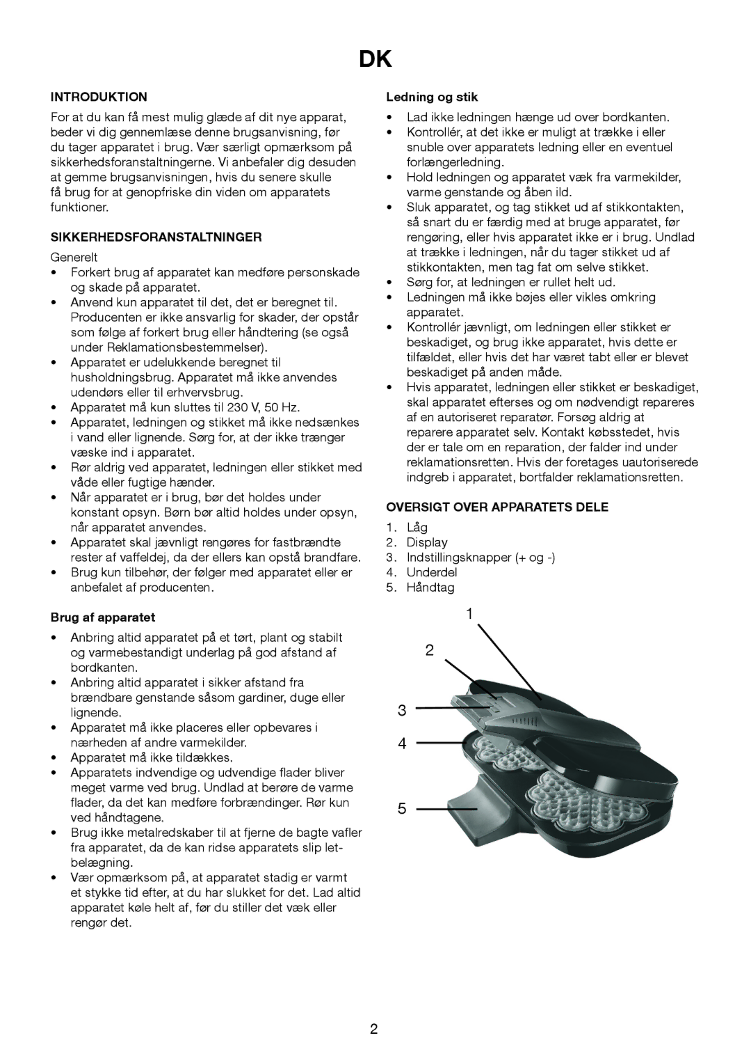 Exido 243-054 Introduktion, Sikkerhedsforanstaltninger, Brug af apparatet, Ledning og stik, Oversigt Over Apparatets Dele 