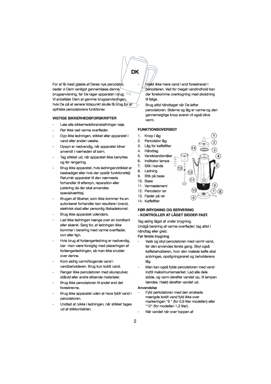 Exido 245-011/012 manual Vigtige Sikkerhedsforskrifter, Funktionsoversigt, Før Brygning Og Servering 