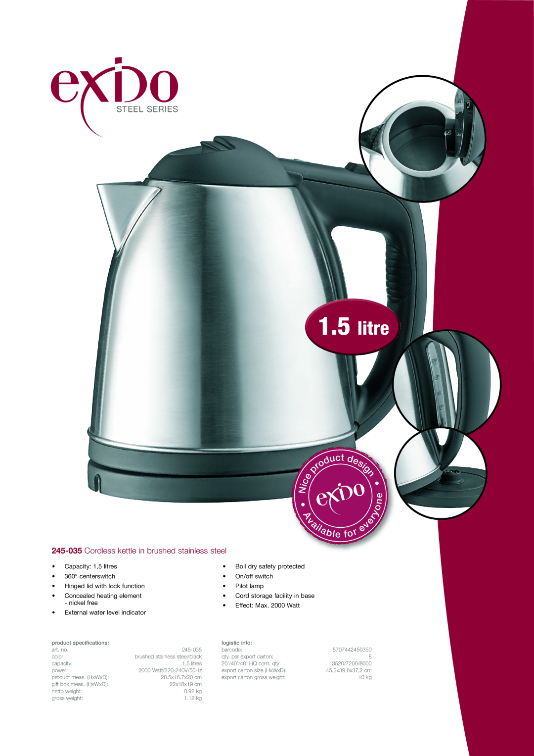 Exido specifications Litre, 245-035Cordless kettle in brushed stainless steel 