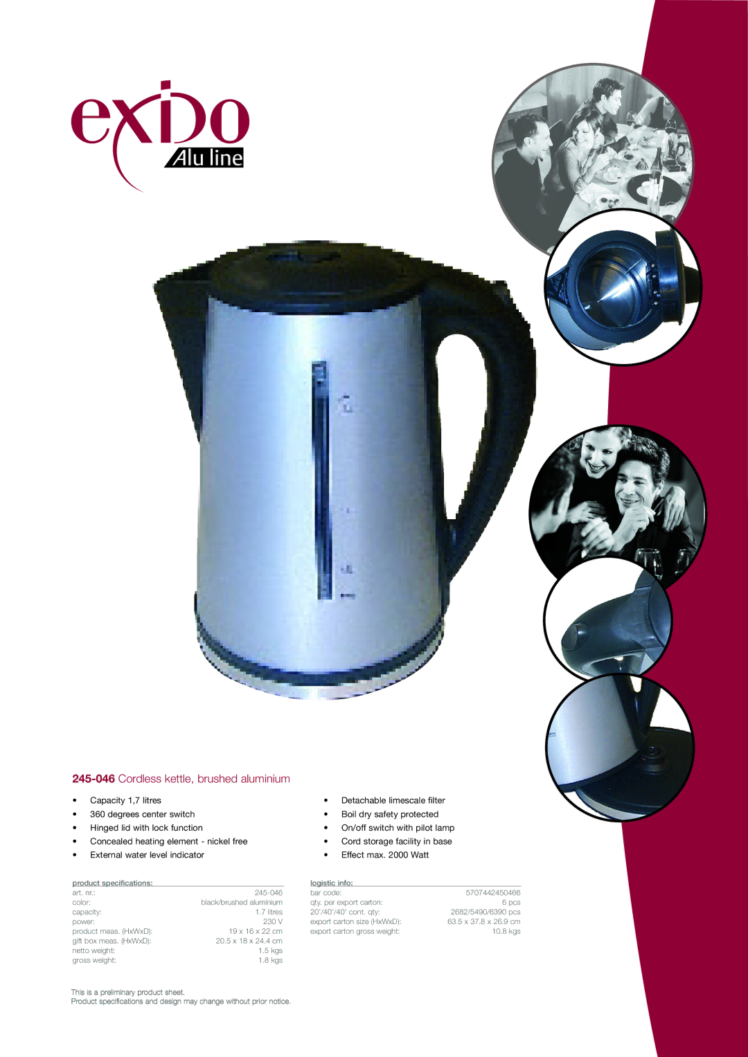 Exido specifications 245-046Cordless kettle, brushed aluminium 