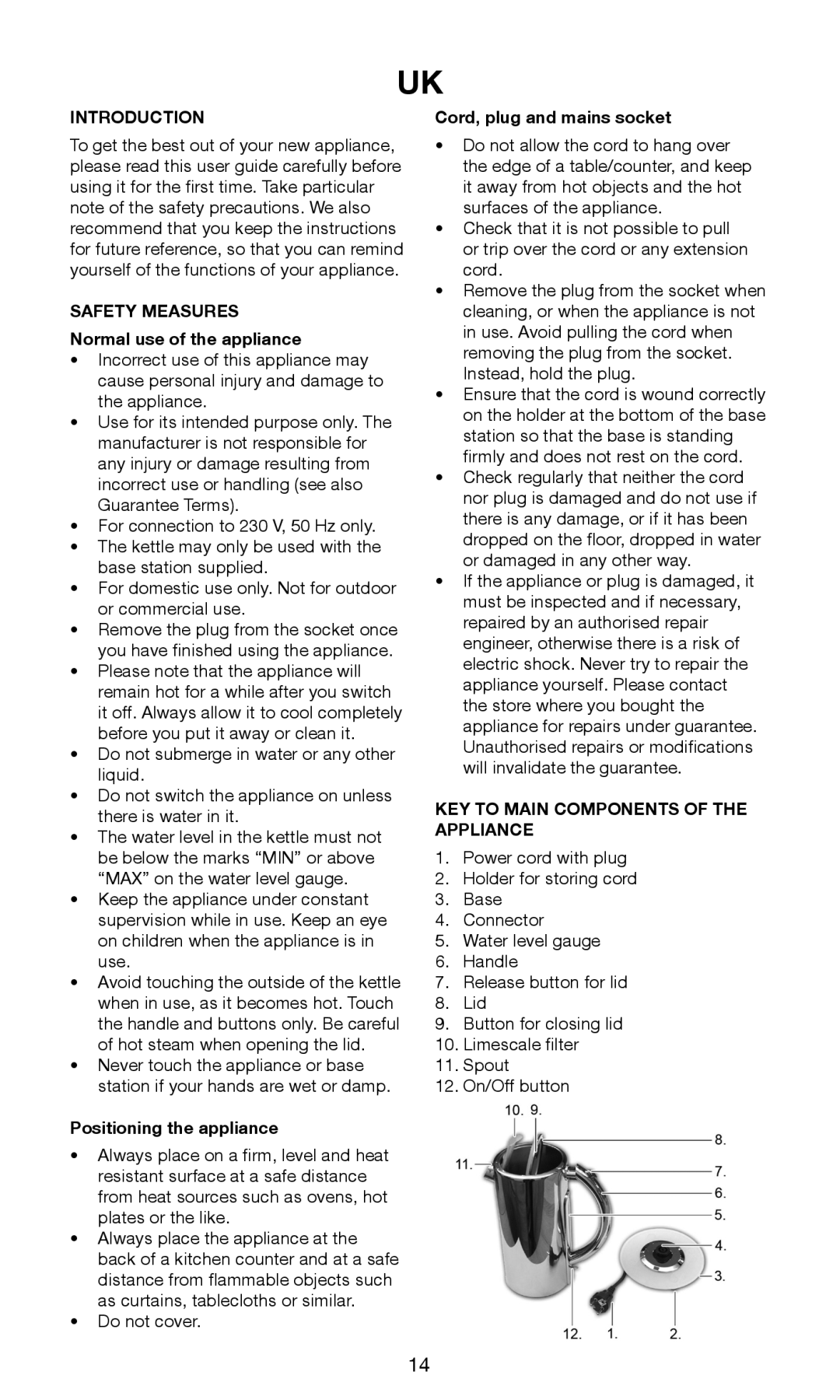 Exido 245-064 manual Introduction, Safety Measures, KEY to Main Components of the Appliance 