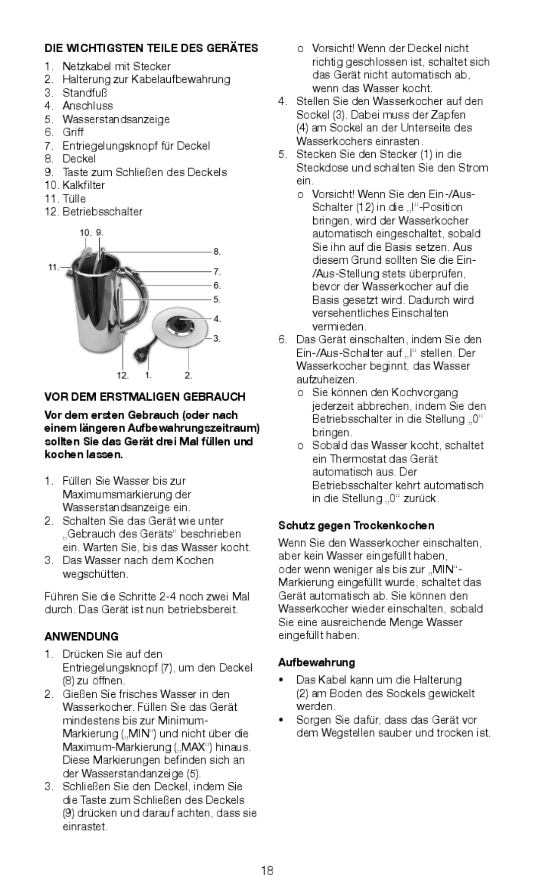 Exido 245-064 manual DIE Wichtigsten Teile DES Gerätes, VOR DEM Erstmaligen Gebrauch, Anwendung, Schutz gegen Trockenkochen 