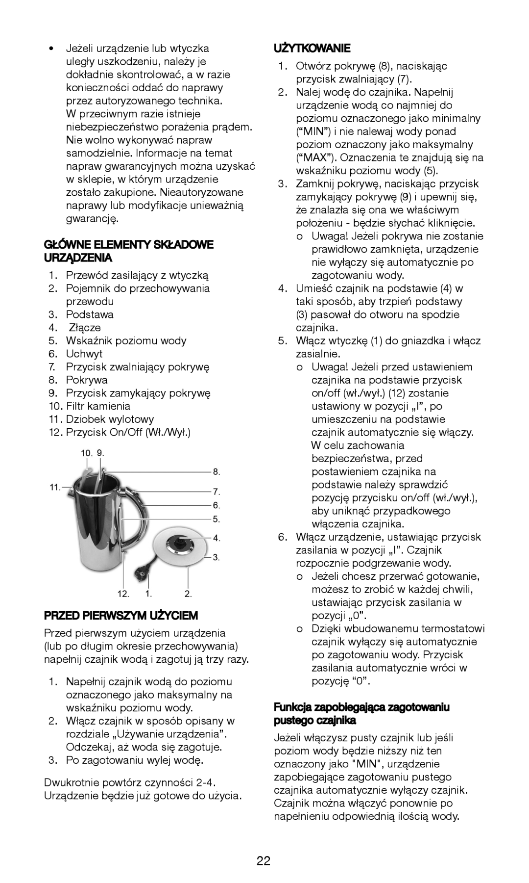 Exido 245-064 manual Główne Elementy Składowe Urządzenia, Przed Pierwszym Użyciem, Użytkowanie 