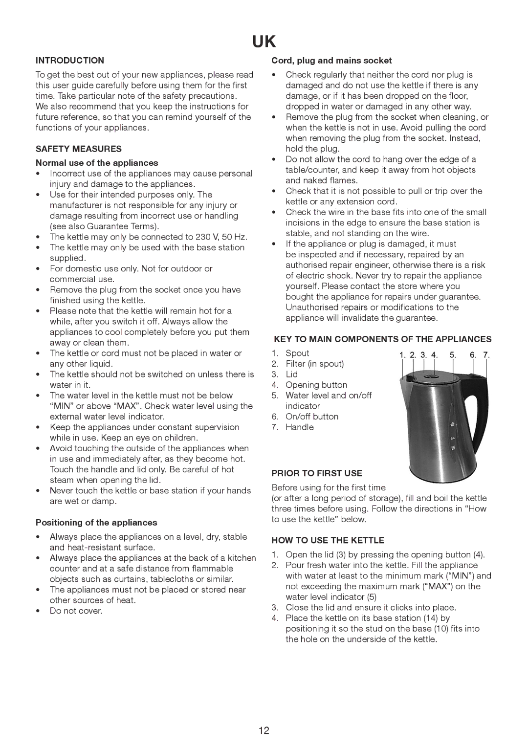 Exido 245-065 manual Introduction, Safety Measures, KEY to Main Components of the Appliances, Prior to First USE 