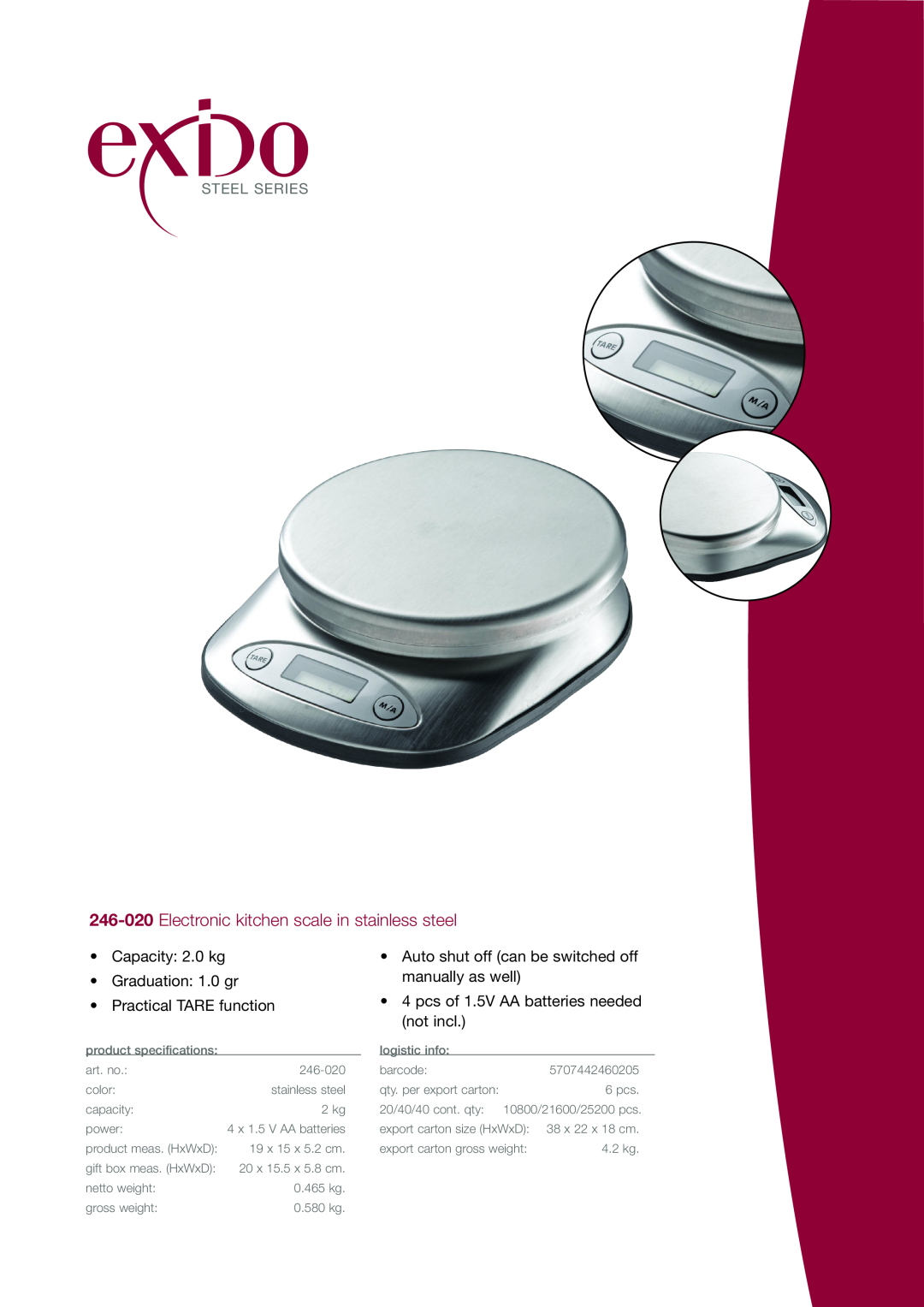 Exido 246-020 specifications Electronic kitchen scale in stainless steel, Steel Series 