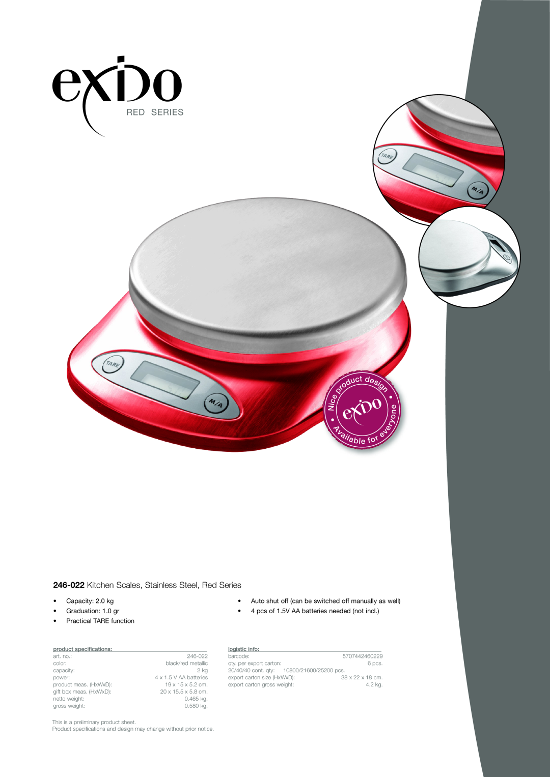 Exido 246-022 specifications Red Series, Capacity 2.0 kg, Graduation 1.0 gr, pcs of 1.5V AA batteries needed not incl 