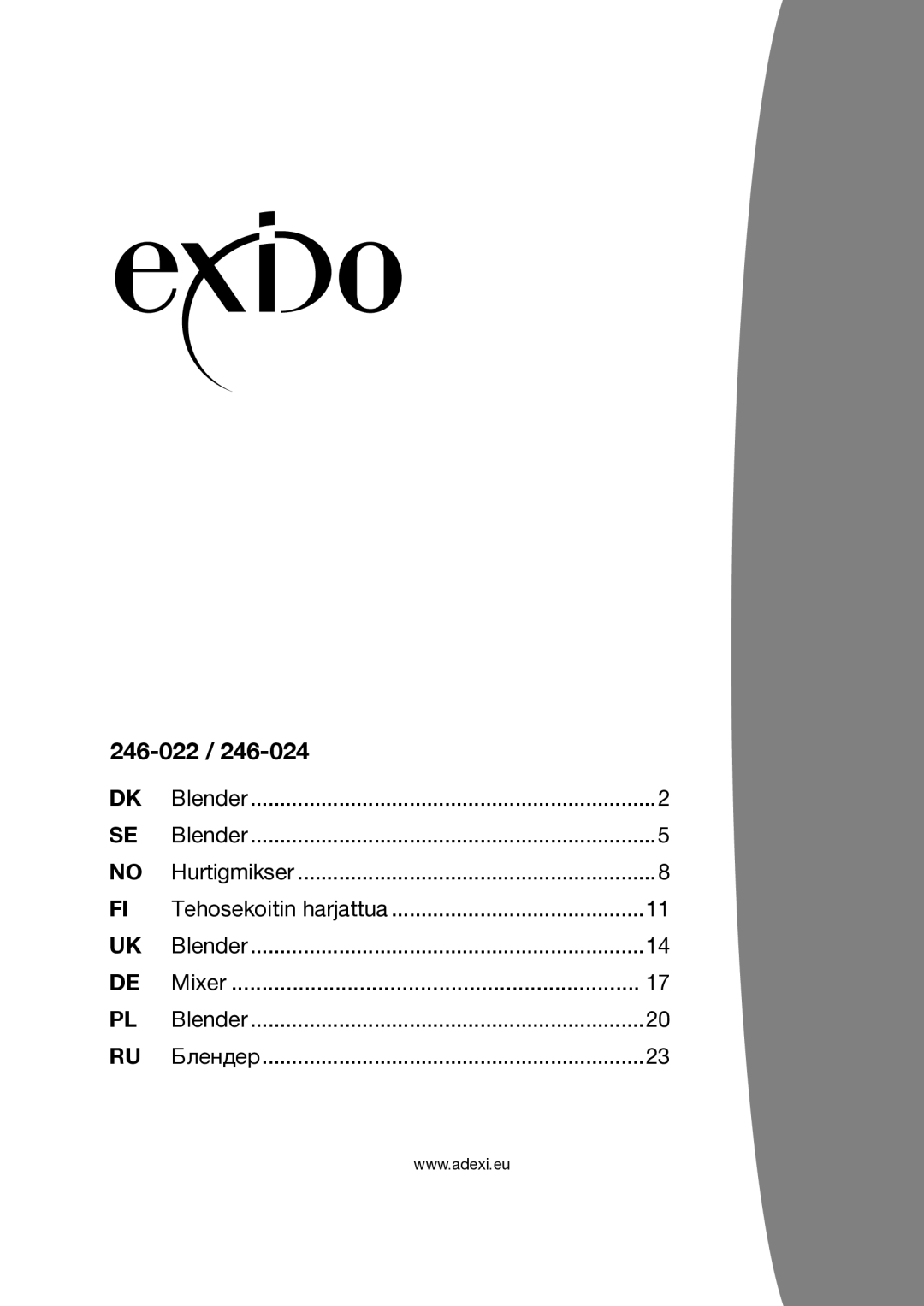 Exido 246-024 manual 246-022, Blender Hurtigmikser Tehosekoitin harjattua Mixer Блендер 