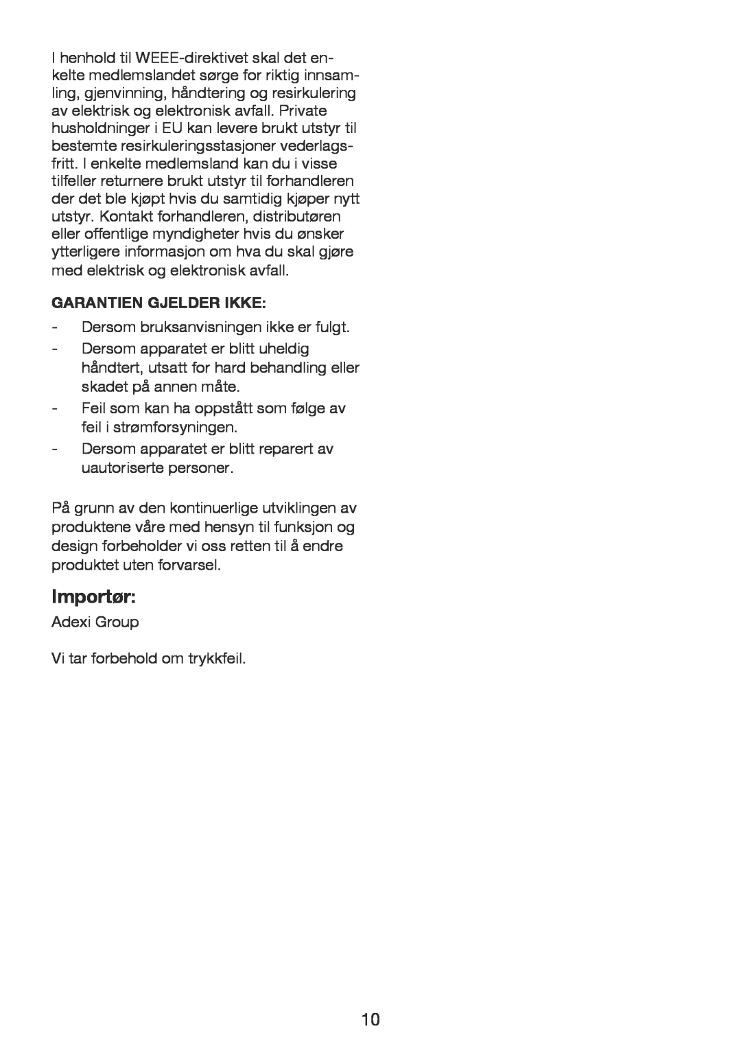 Exido 246-024 manual Importør, Garantien Gjelder Ikke 