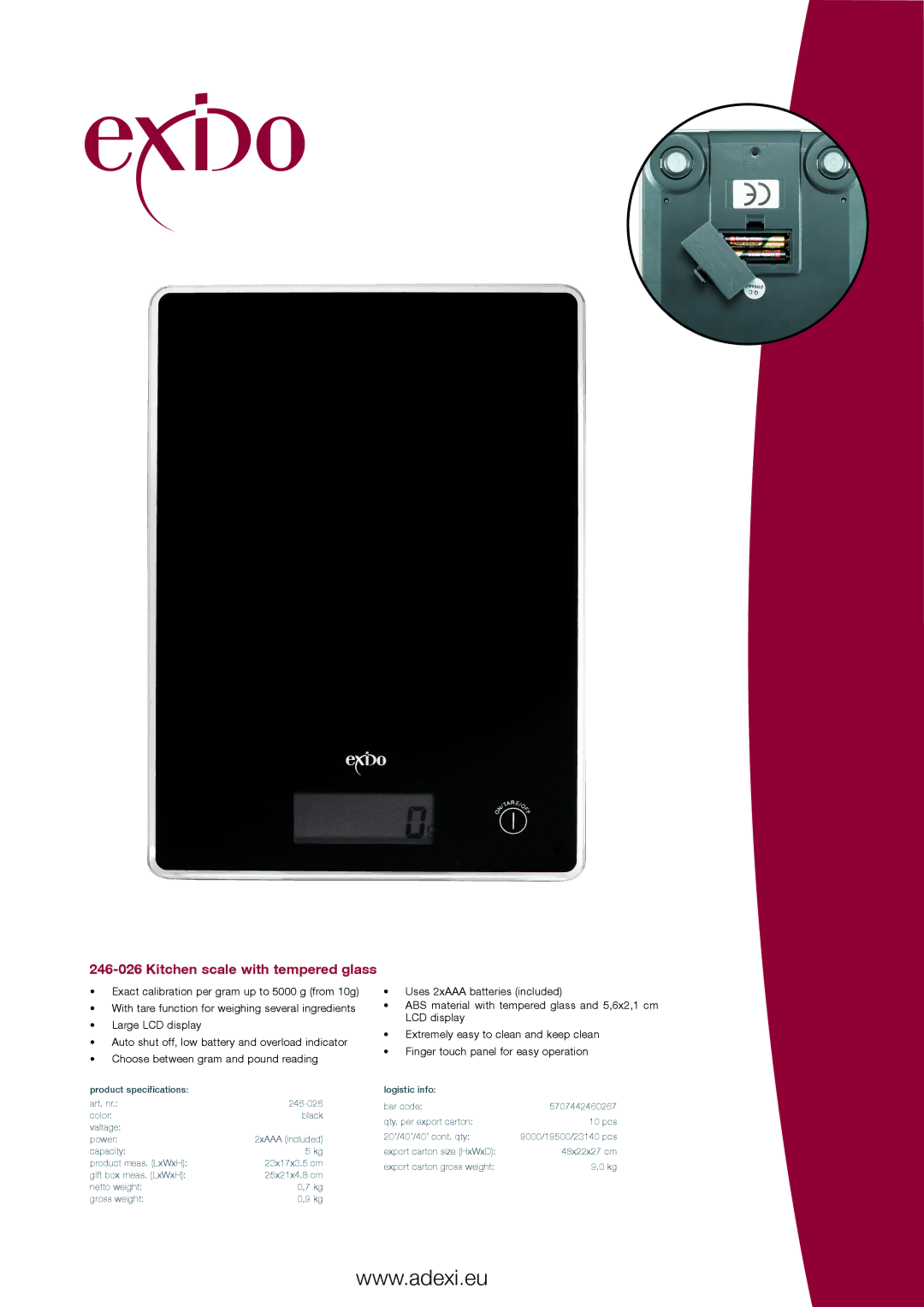 Exido 246-026 specifications Kitchen scale with tempered glass 