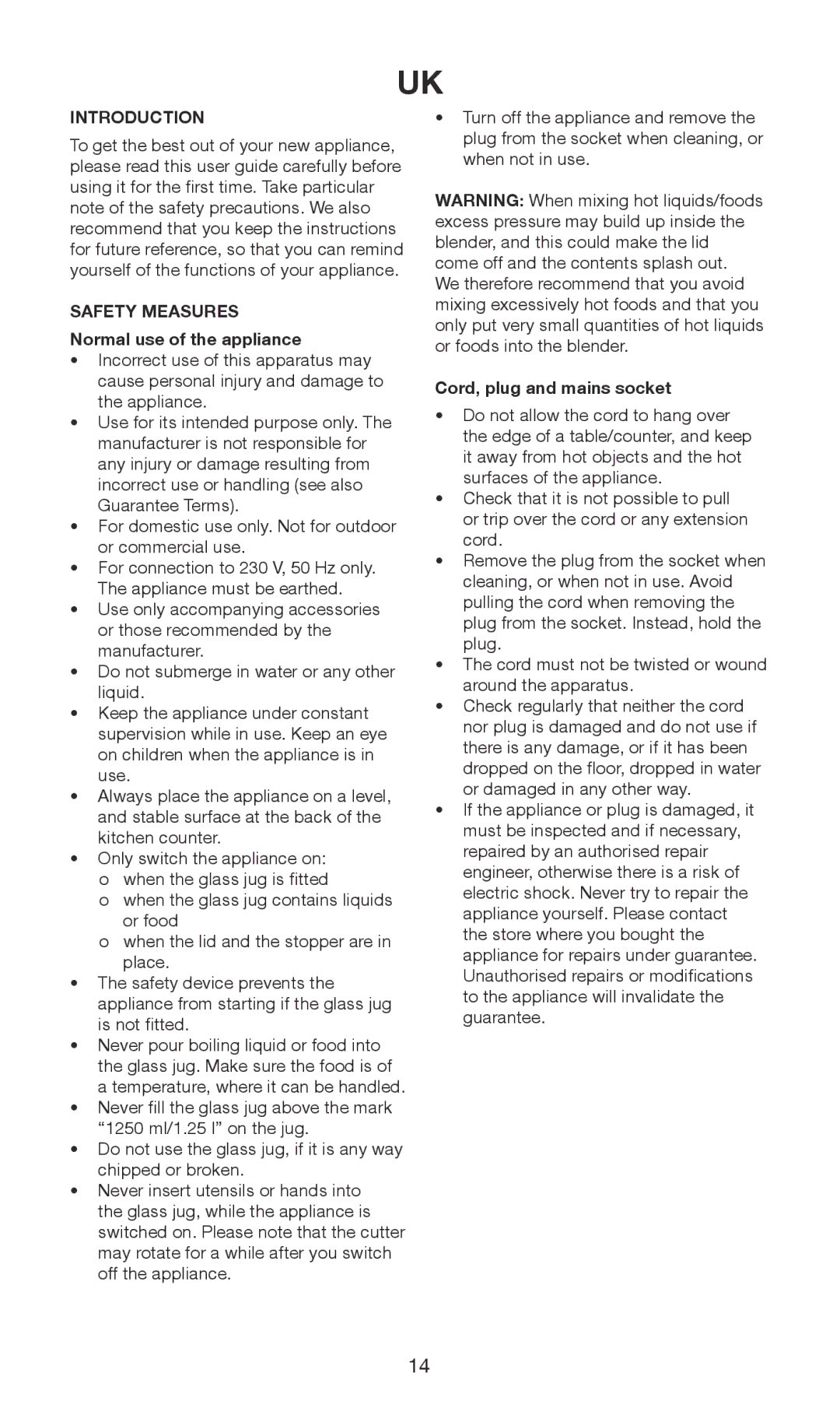 Exido 246-029 manual Safety Measures, Normal use of the appliance, Cord, plug and mains socket 