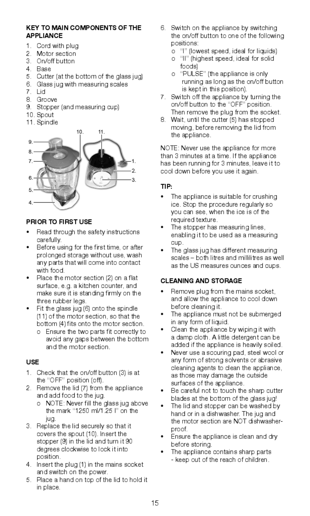 Exido 246-029 manual KEY to Main Components of the Appliance, Prior to First USE, Use, Tip, Cleaning and Storage 