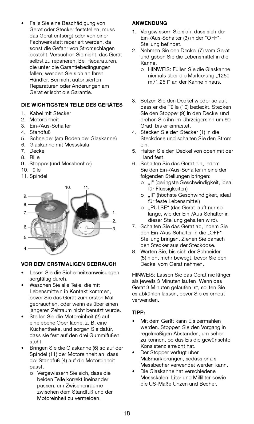 Exido 246-029 manual DIE Wichtigsten Teile DES Gerätes, VOR DEM Erstmaligen Gebrauch, Anwendung, Tipp 