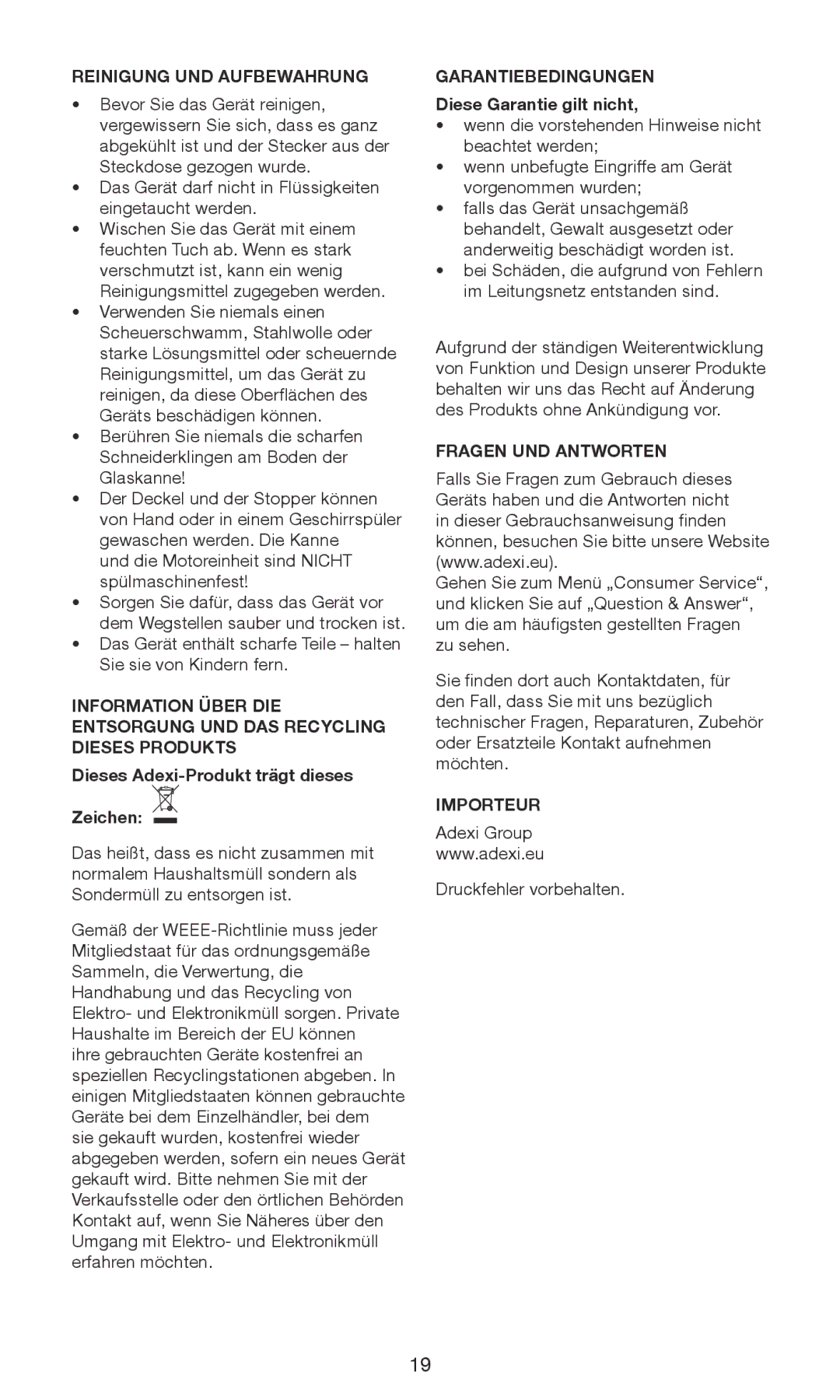 Exido 246-029 manual Reinigung UND Aufbewahrung, Garantiebedingungen, Fragen UND Antworten, Importeur 