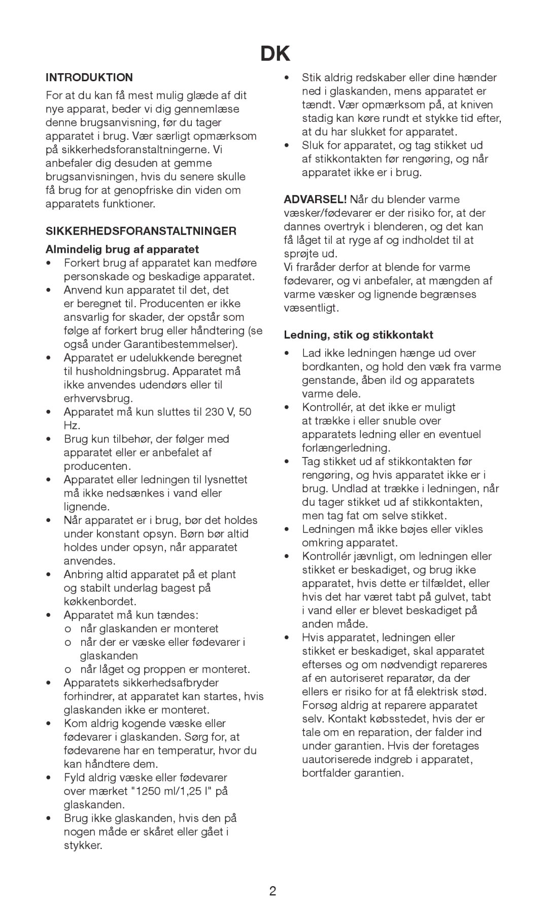 Exido 246-029 manual Introduktion, Sikkerhedsforanstaltninger Almindelig brug af apparatet, Ledning, stik og stikkontakt 