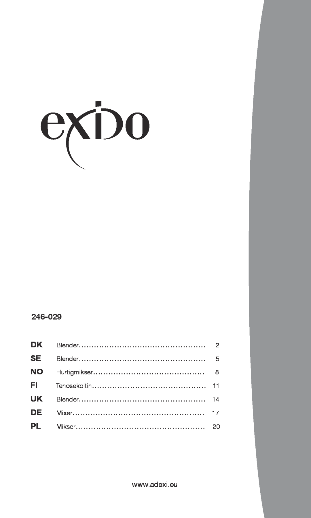 Exido 246-029 manual Blender, Hurtigmikser, Tehosekoitin, Mixer, Mikser 
