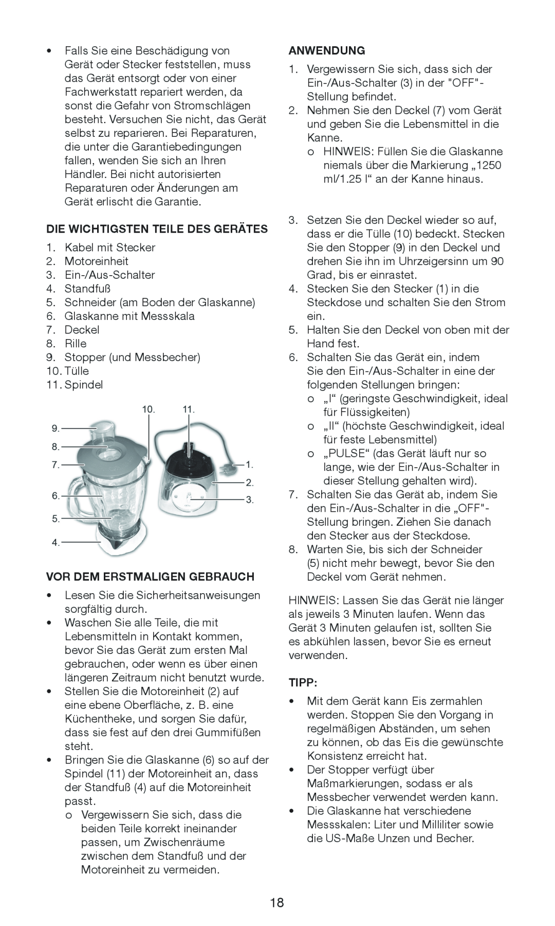 Exido 246-029 manual Die Wichtigsten Teile Des Gerätes, Vor Dem Erstmaligen Gebrauch, Anwendung, Tipp 