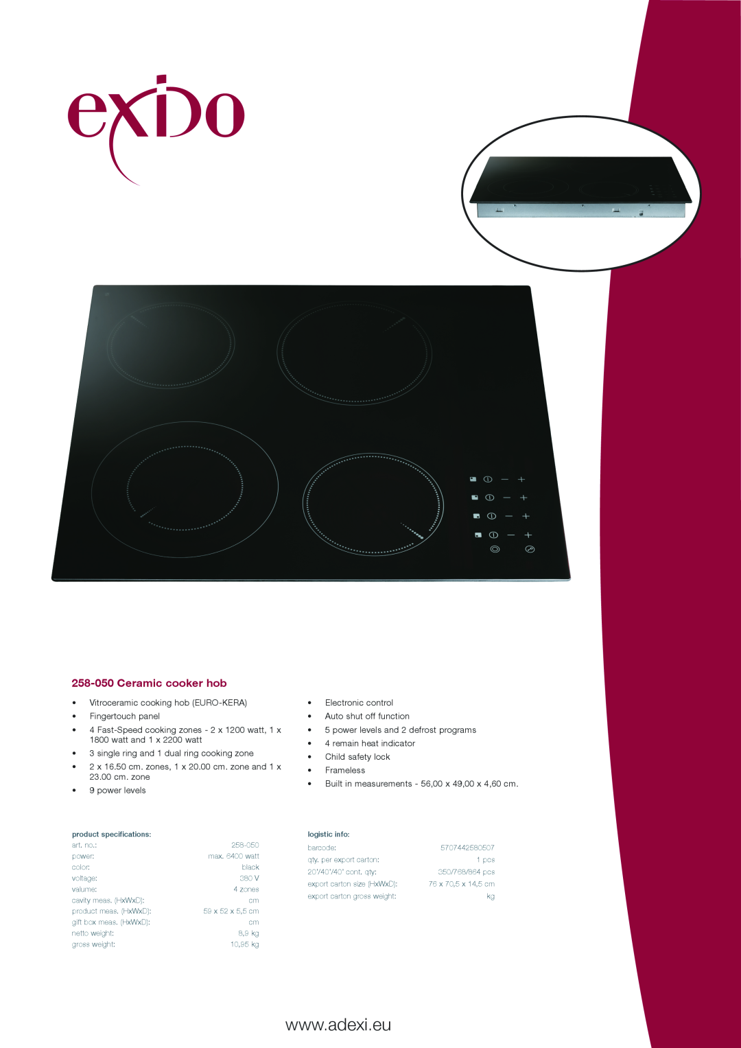 Exido specifications 258-050Ceramic cooker hob 