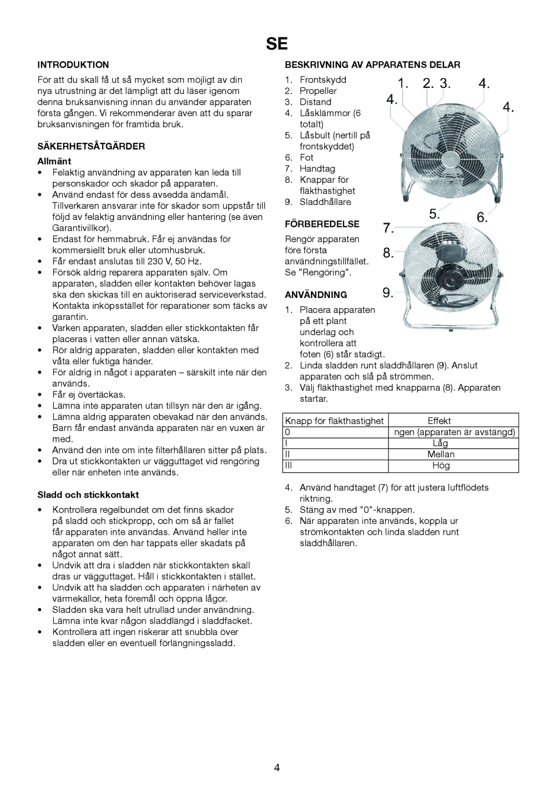 Exido 271-005 manual Säkerhetsåtgärder, Beskrivning AV Apparatens Delar, Förberedelse, Användning 