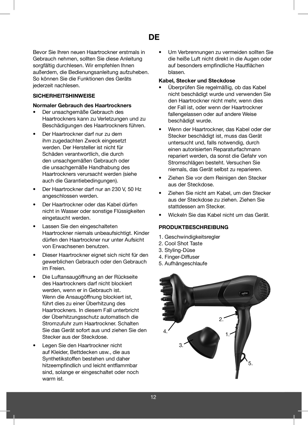 Exido Hairdryer manual Sicherheitshinweise, Normaler Gebrauch des Haartrockners, Kabel, Stecker und Steckdose 