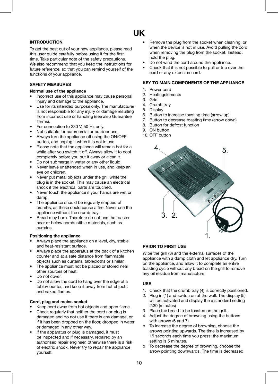 Exido Toaster manual Introduction, Safety Measures, KEY to Main Components of the Appliance, Prior to First USE, Use 