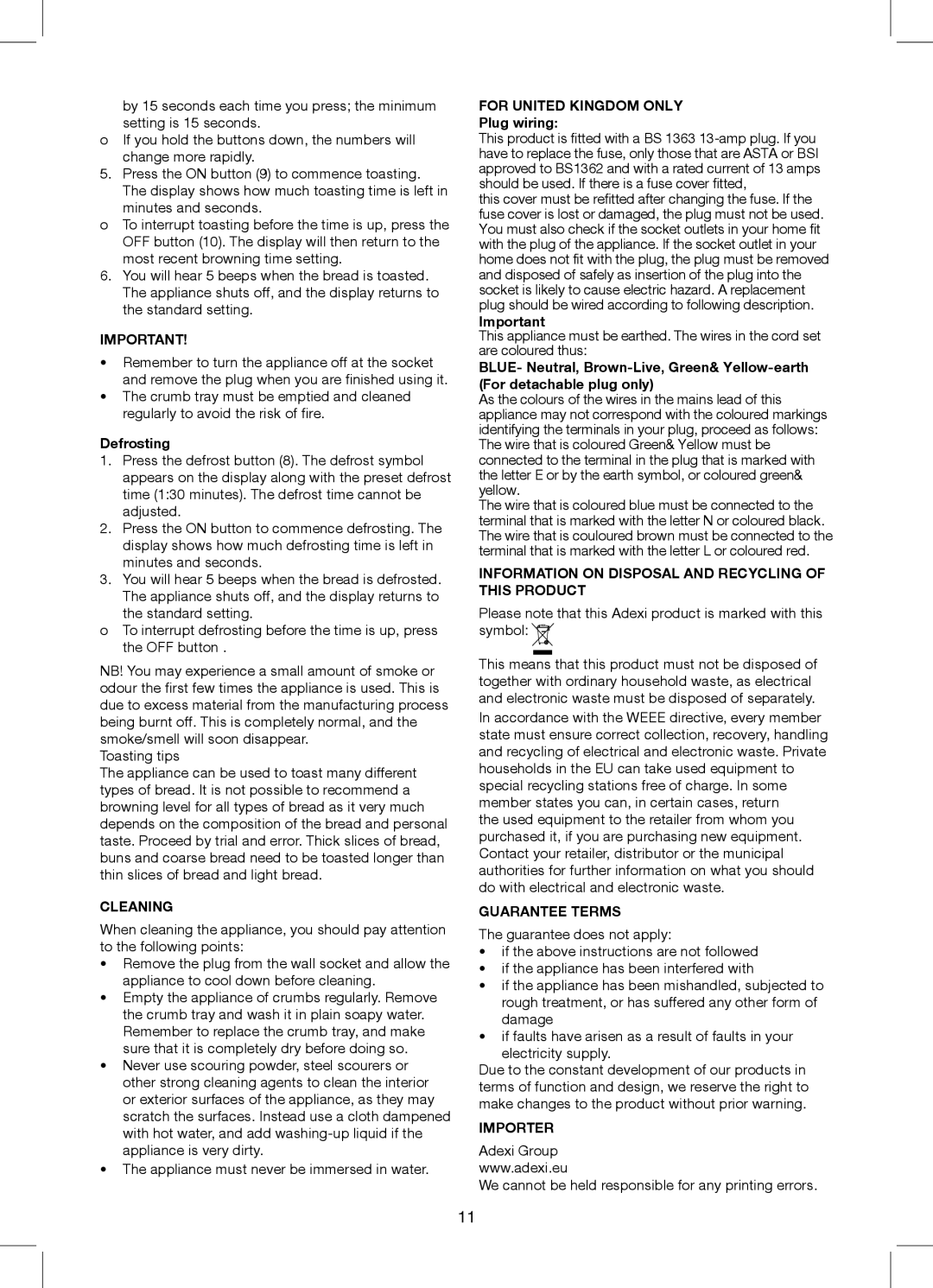 Exido Toaster Cleaning, For United Kingdom only, Information on Disposal and Recycling of this Product, Guarantee Terms 