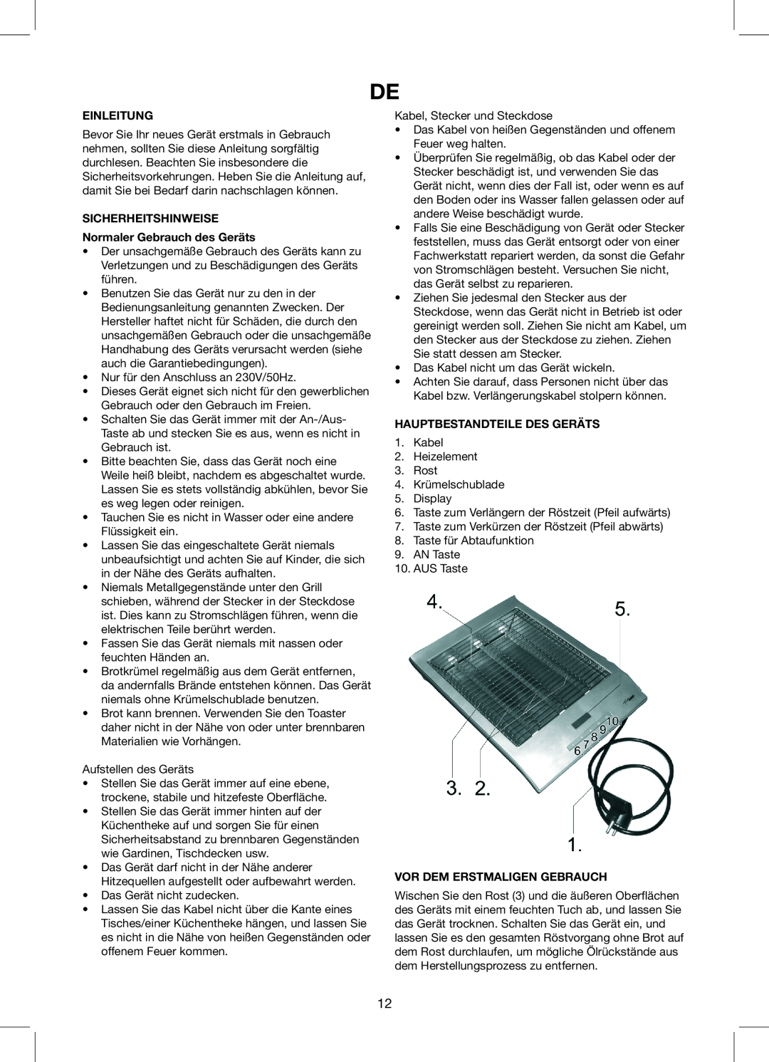 Exido Toaster manual Einleitung, SICHERHEITSHINWEISE Normaler Gebrauch des Geräts, Hauptbestandteile Des Geräts 