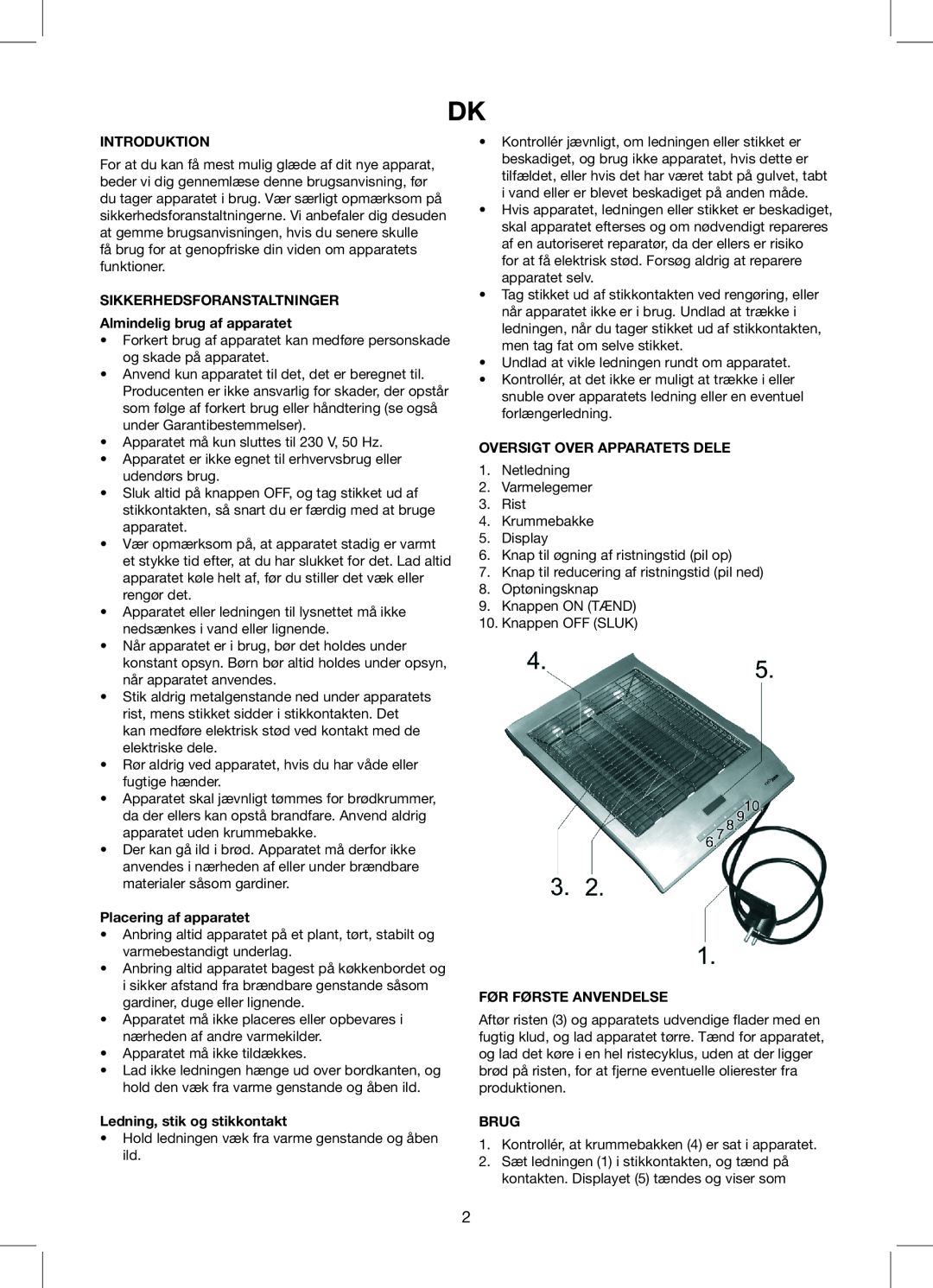 Exido Toaster manual Introduktion, Sikkerhedsforanstaltninger, Almindelig brug af apparatet, Placering af apparatet, Brug 